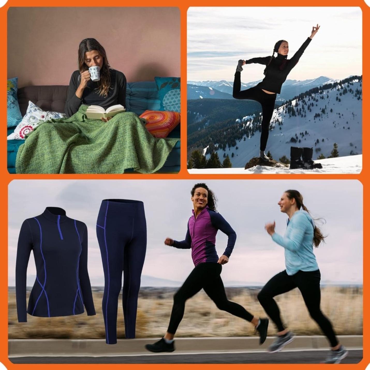 Thermisch ondergoed voor dames, met winddichte opstaande kraag, set thermisch ondergoed, ski-ondergoed, ademend, flexibel, thermo-onderhemd en -broek - happygetfit.com