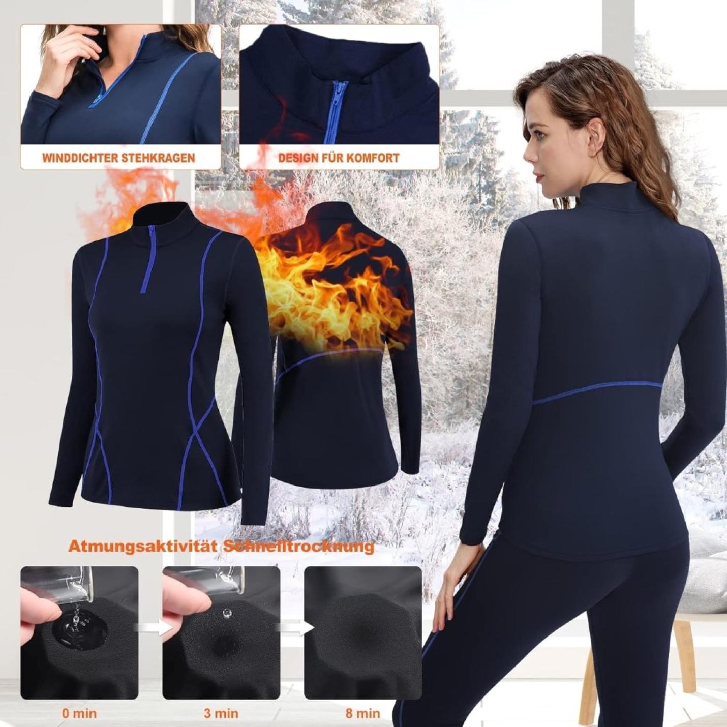 Thermisch ondergoed voor dames, met winddichte opstaande kraag, set thermisch ondergoed, ski-ondergoed, ademend, flexibel, thermo-onderhemd en -broek - happygetfit.com