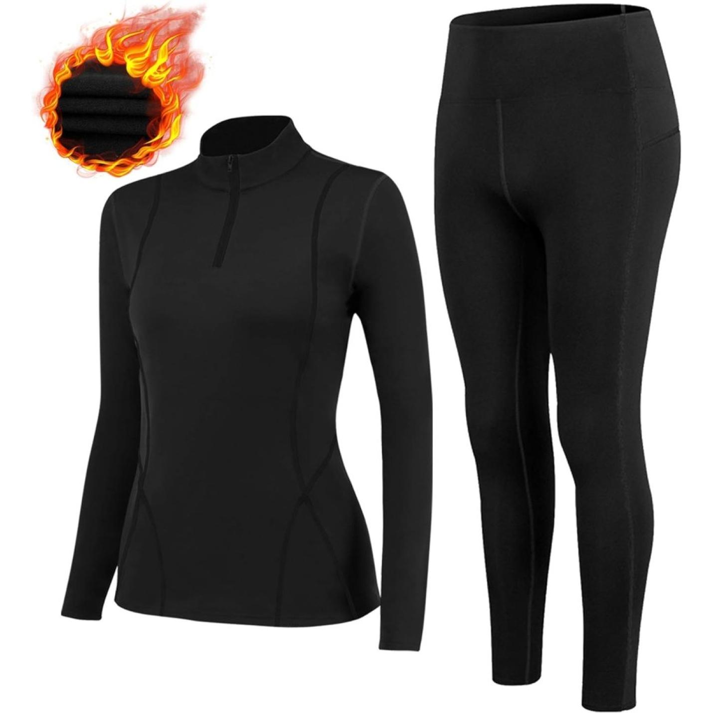 Thermisch ondergoed voor dames, met winddichte opstaande kraag, set thermisch ondergoed, ski-ondergoed, ademend, flexibel, thermo-onderhemd en -broek - happygetfit.com