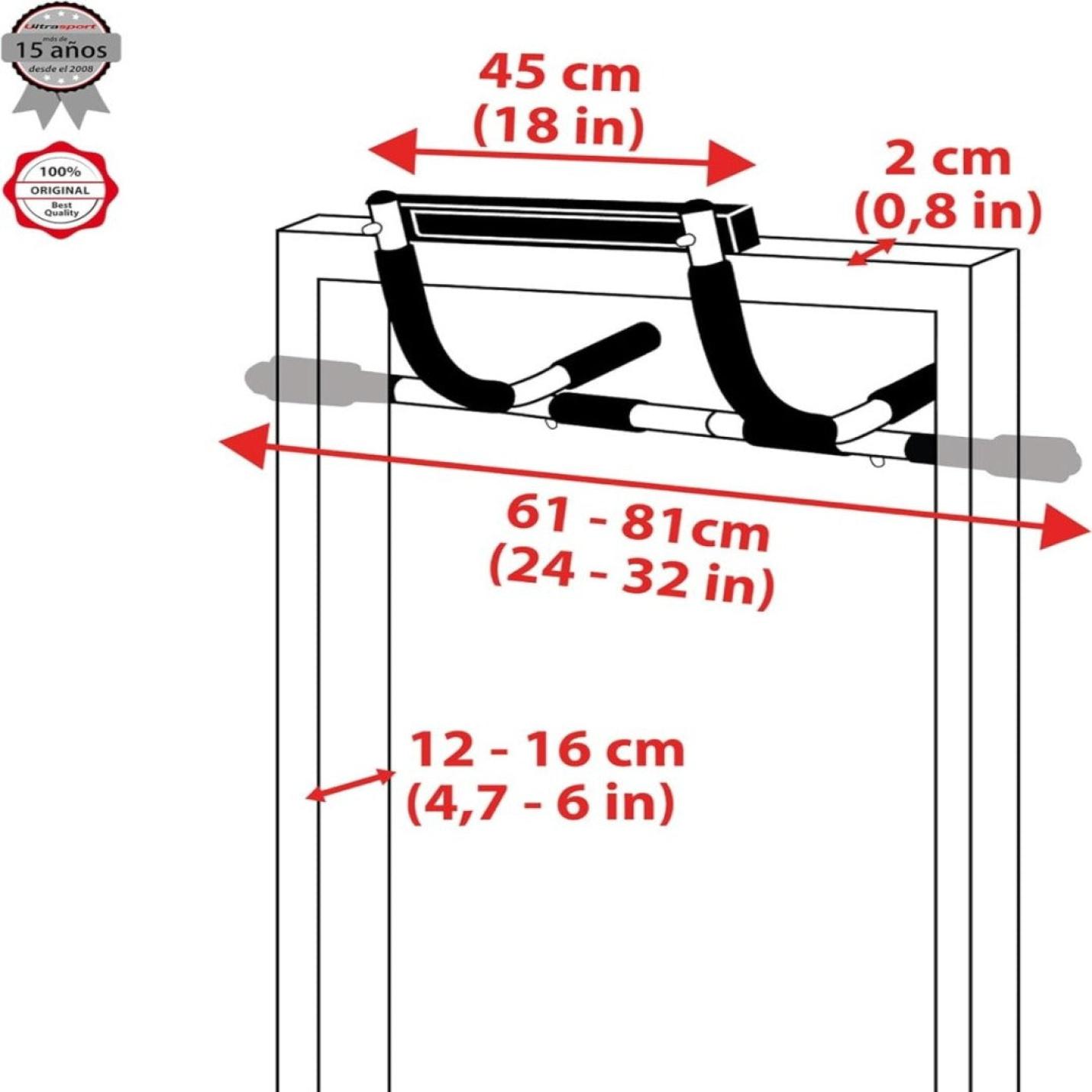 Illustratie van een "Train thuis met onze optrekstang zonder boren" met afmetingen aangegeven in centimeters en inches.