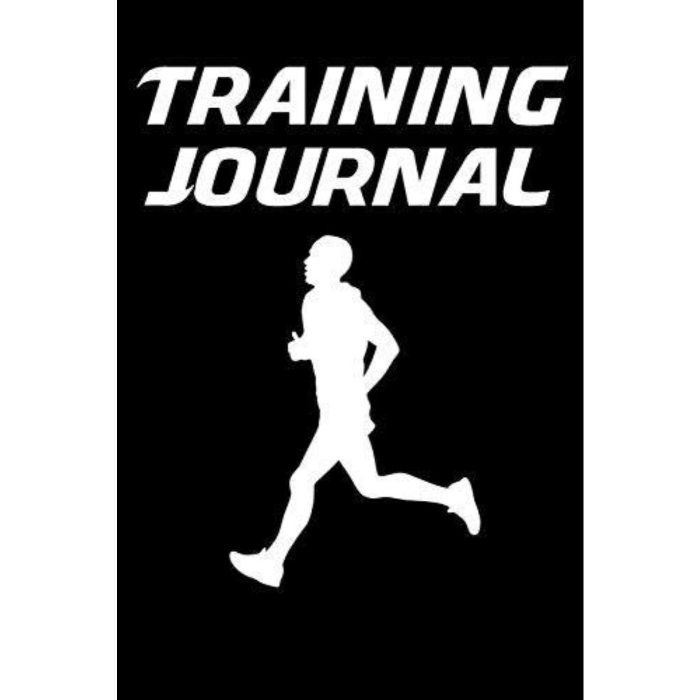 Silhouet van een hardloper op een zwarte achtergrond met het trainingslogboek: hardlooplogboek voor hardlopers met loopbandtempoconversiegrafieken voor 5 km, 10 km, halve marathon en marathon bovenaan in vetgedrukte witte letters.