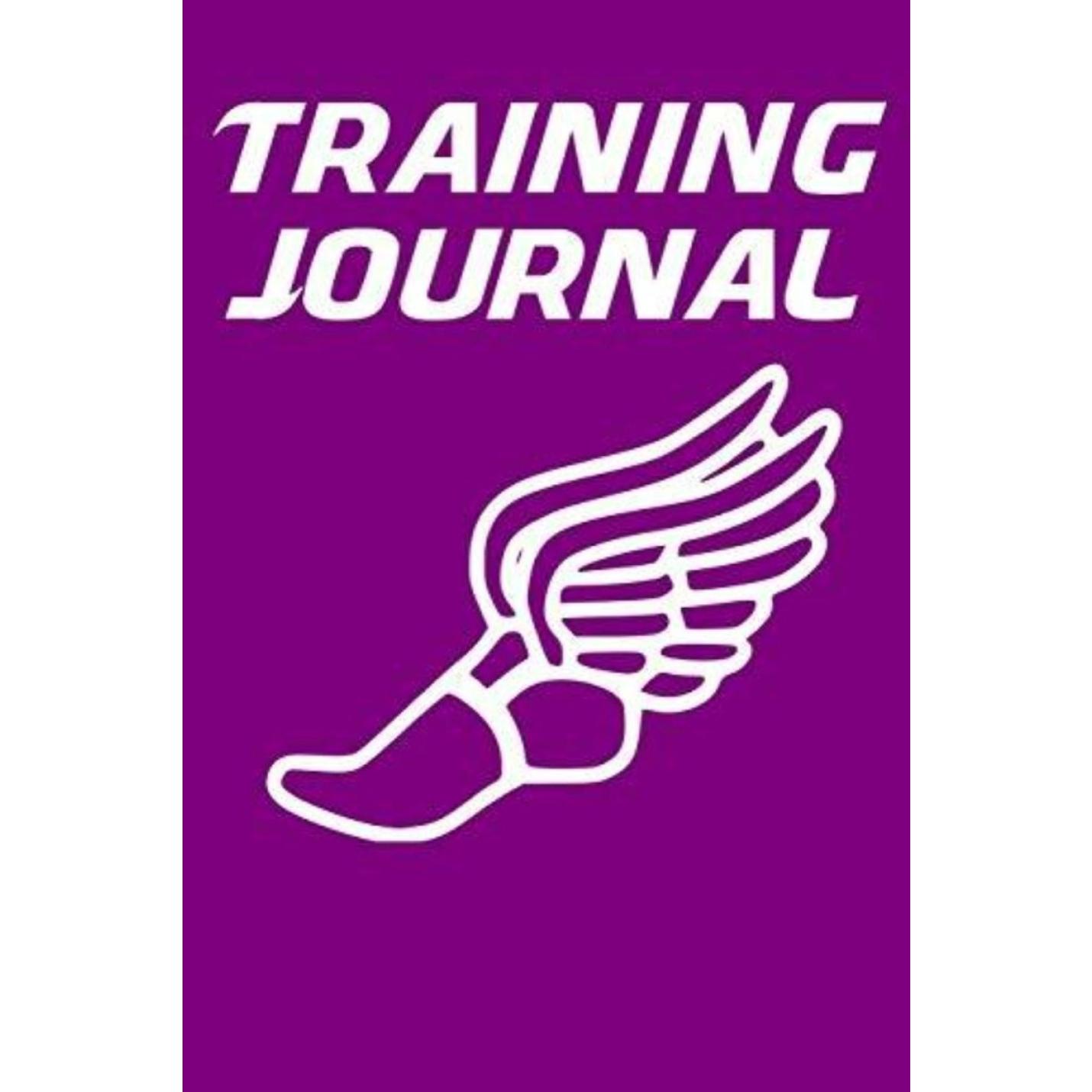 Een trainingsdagboek: hardlooplogboek voor hardlopers met conversiegrafieken voor loopbandtempo voor 5 km, 10 km, halve marathon en marathon met de woorden 'trainingslogboek' in vetgedrukte witte letters op een paarse achtergrond, vergezeld van een witte gestileerde afbeelding van een gevleugelde sandaal.