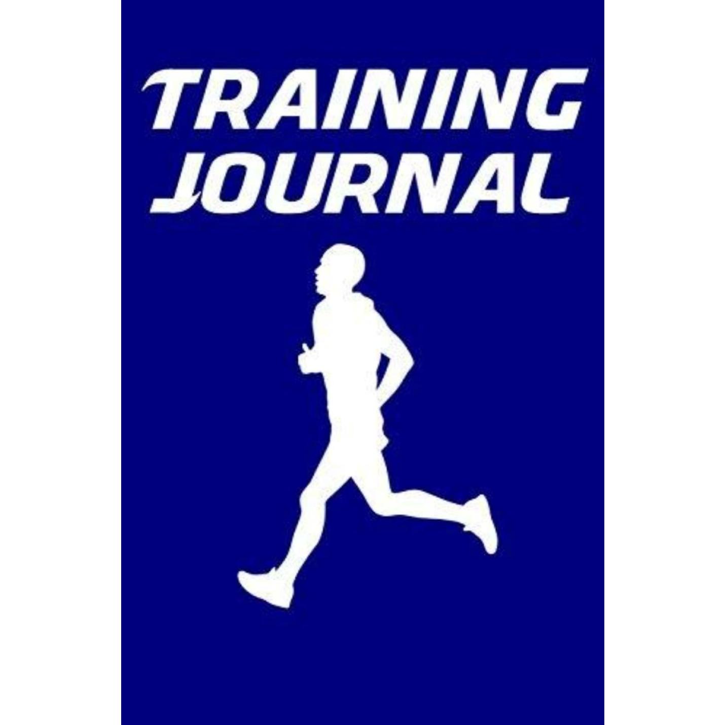 Zin met productnaam: Trainingslogboek: Hardlooplogboek voor hardlopers met tempoconversiegrafieken op de loopband voor 5 km, 10 km, halve marathon en marathon met een wit silhouet van een rennende persoon op een blauwe achtergrond.