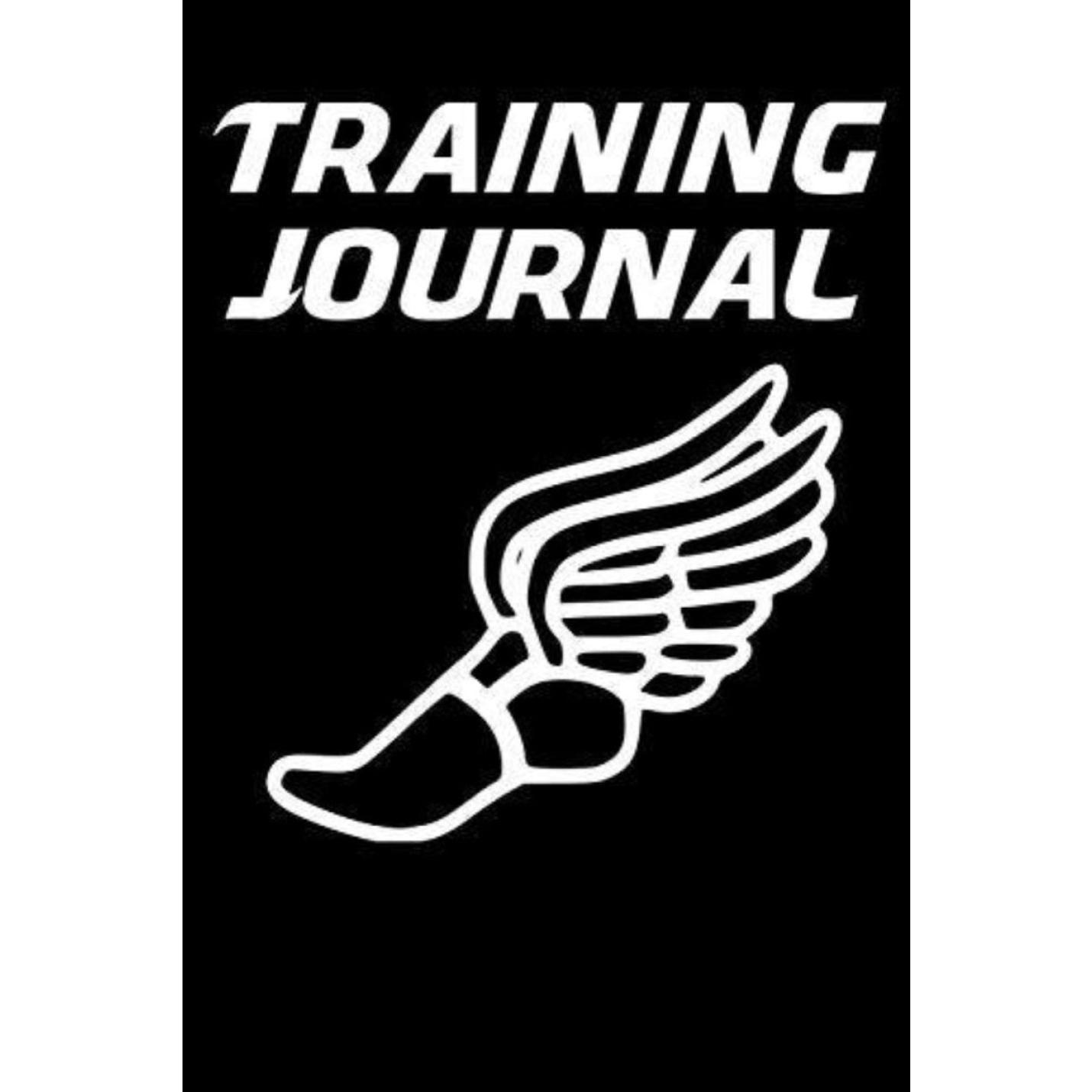 Witte afbeelding van een gevleugelde schoen op een zwarte achtergrond met de woorden "Trainingsdagboek: hardlooplogboek voor hardlopers met loopbandtempoconversiegrafieken voor 5 km, 10 km, halve marathon en marathon" erboven.