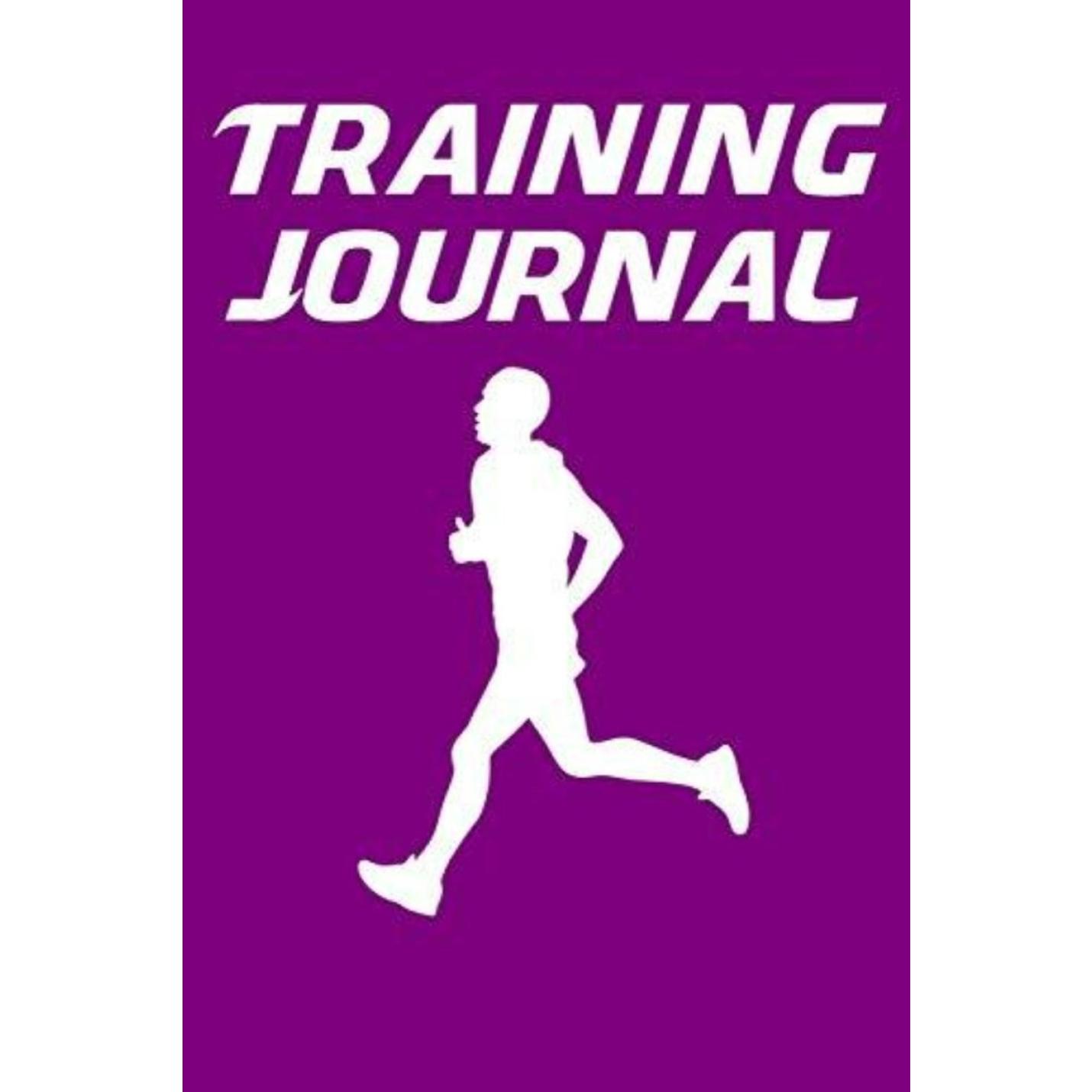 Wit silhouet van een hardloper op een paarse achtergrond met de tekst "Trainingsdagboek: hardlooplogboek voor hardlopers met loopbandtempoconversiegrafieken voor 5 km, 10 km, halve marathon en marathon" hierboven.