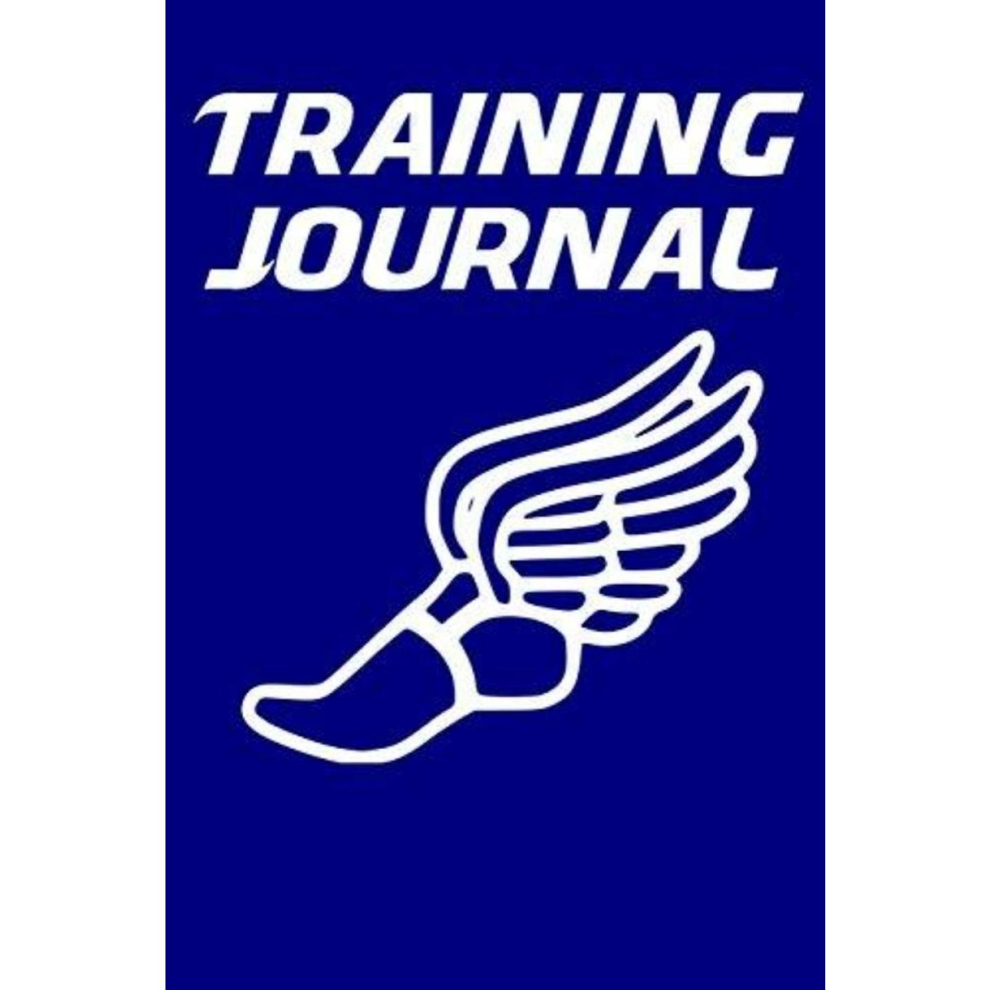 Blauwe omslag van een "Trainingsdagboek: hardlooplogboek voor hardlopers met conversiegrafieken voor loopbandtempo voor 5 km, 10 km, halve marathon en marathon" met een witte omtrek van een gevleugelde schoen.