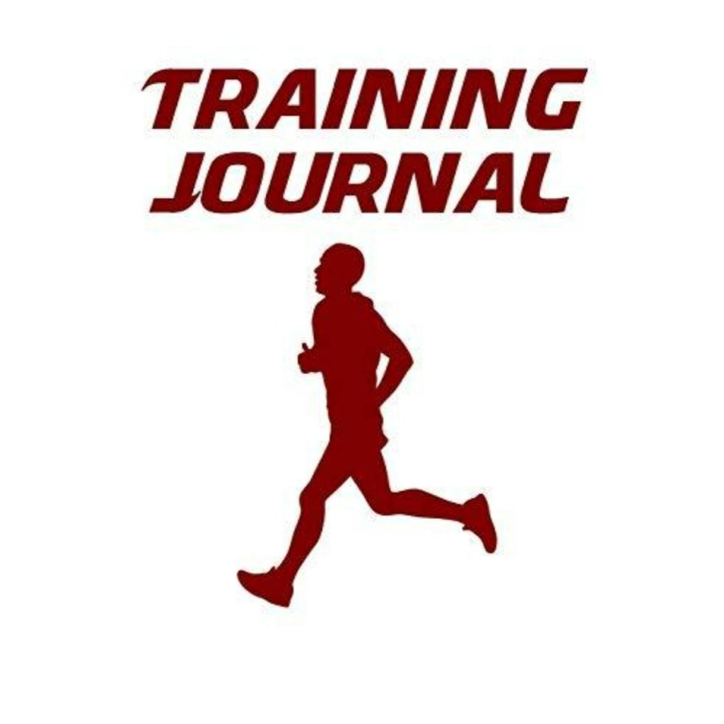 Trainingslogboek: hardlooplogboek voor hardlopers met conversiegrafieken voor loopbandtempo voor 5 km, 10 km, halve marathon en marathon. silhouet van een hardlopend persoon met de woorden "trainingslogboek" in vetgedrukte, rode letters op een witte achtergrond.