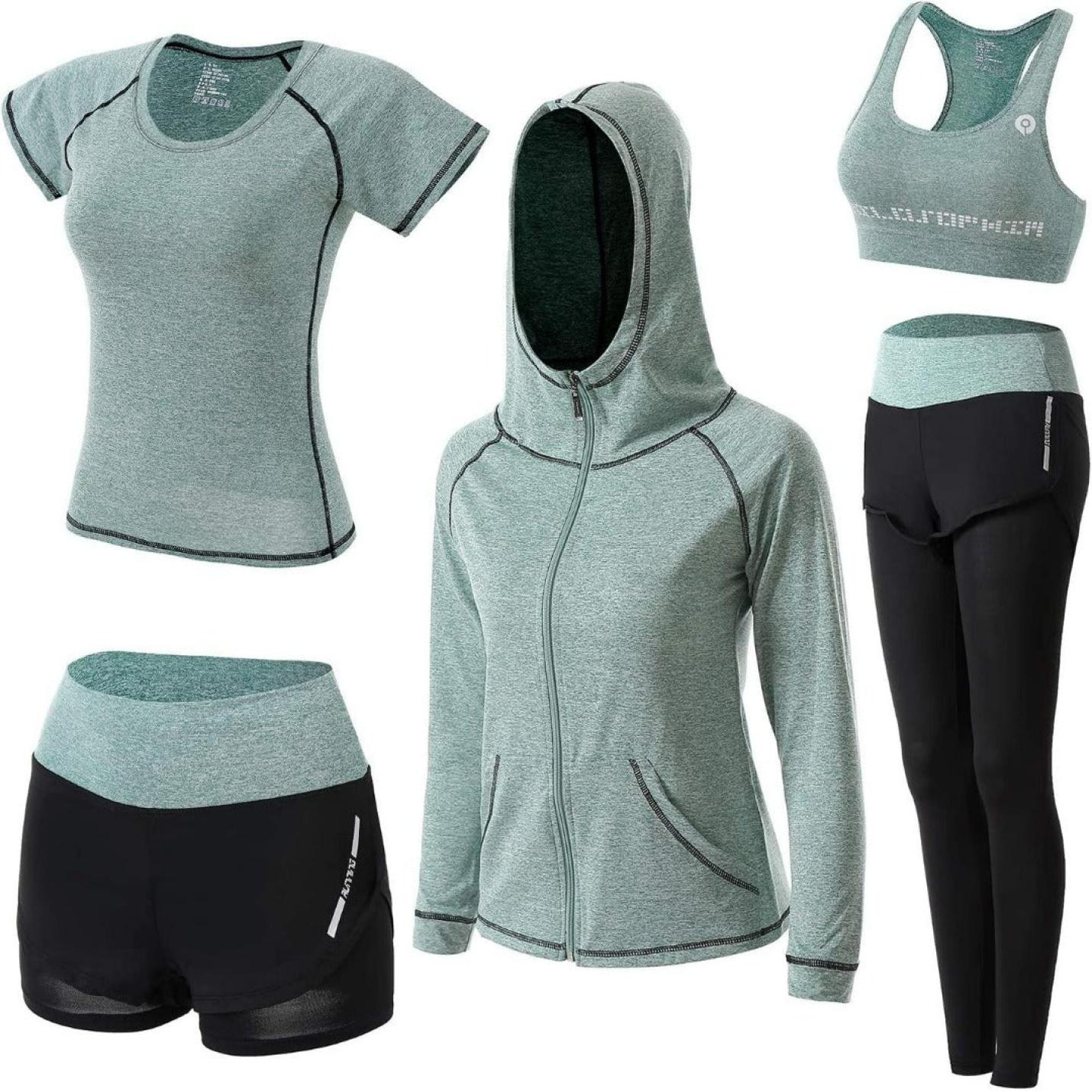 Trainingspak dames: comfortabel, stijlvol en veelzijdig - inclusief een t-shirt, hoodie, sportbeha, shorts en leggings in bij elkaar passende blauwgroen en zwarte kleuren. Deze veelzijdige set zorgt voor comfort tijdens elke activiteit.