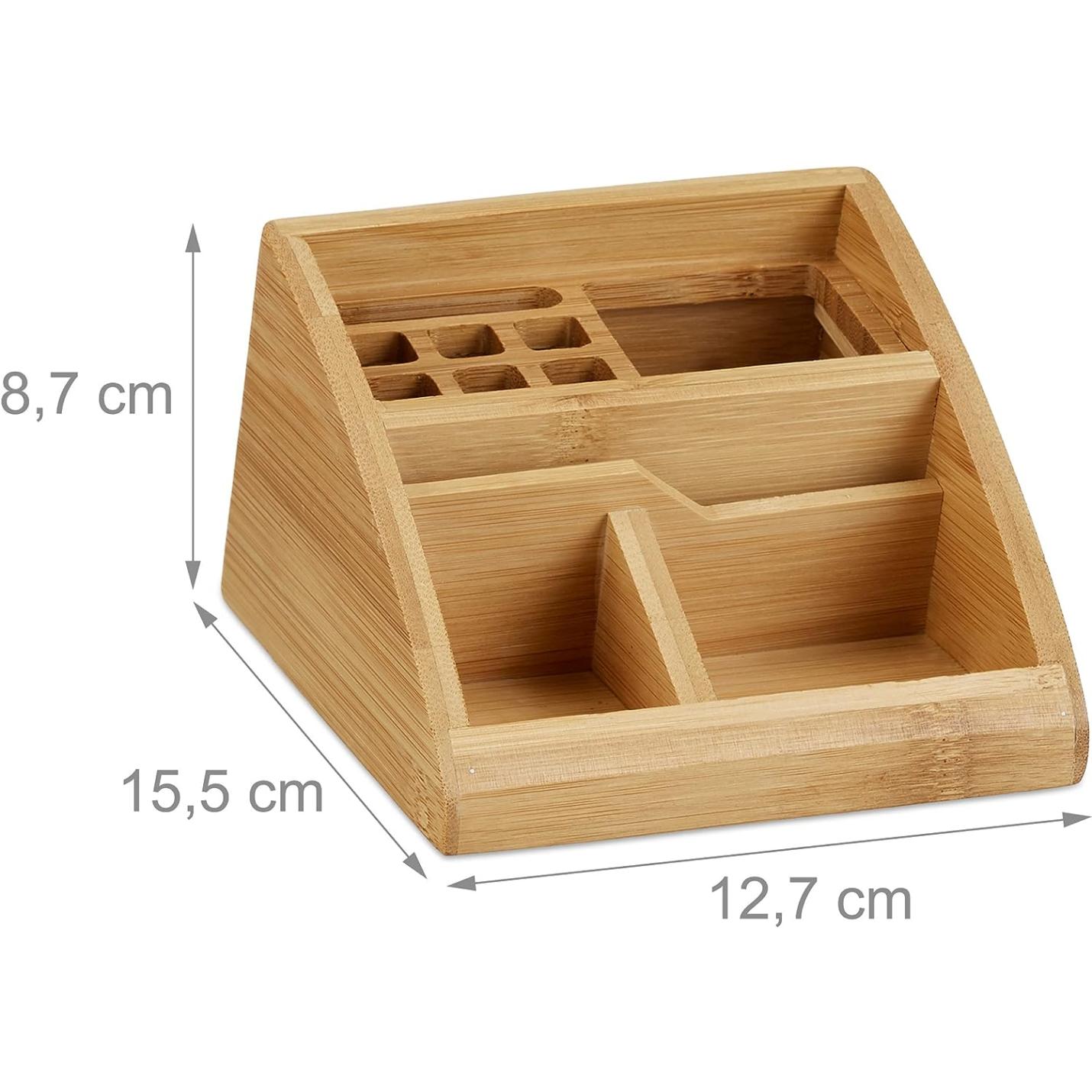 Transformeer uw werkplek met onze houten bureau organizer met aangegeven afmetingen: lengte 12,7 cm, breedte 15,5 cm, hoogte 8,7 cm.