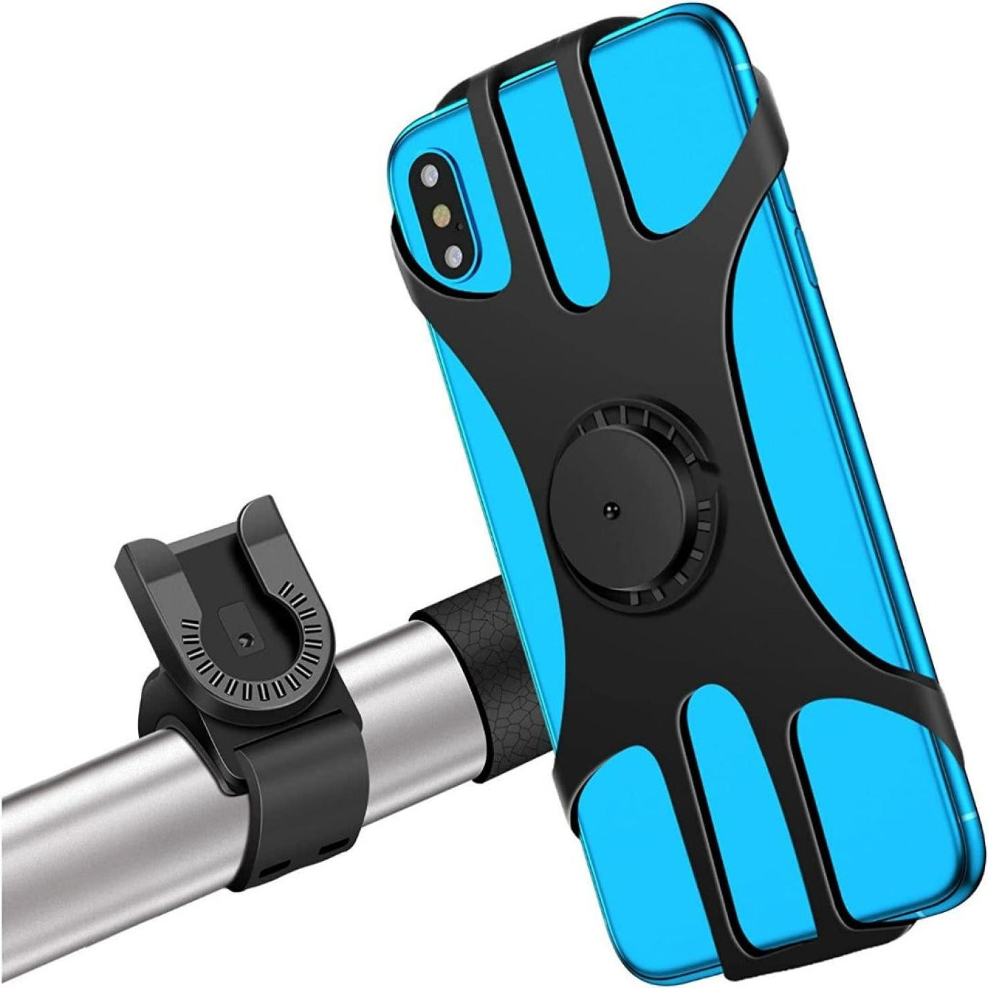 Blauw en zwarte Universele fiets telefoonhouder gemonteerd op een zilverkleurig fietsstuur, ontworpen voor stabiliteit en gemakkelijke toegang met een stabiele en veilige grip.