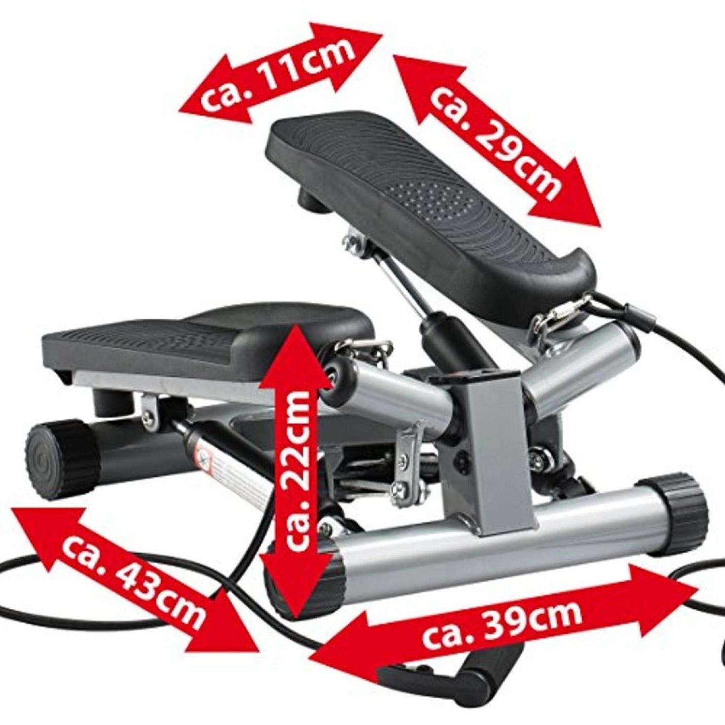 Verleiding in beweging: De complete workout stepper voor een fitter lichaam met aangegeven afmetingen, voorzien van zwarte voetpedalen en een centrale instelknop.