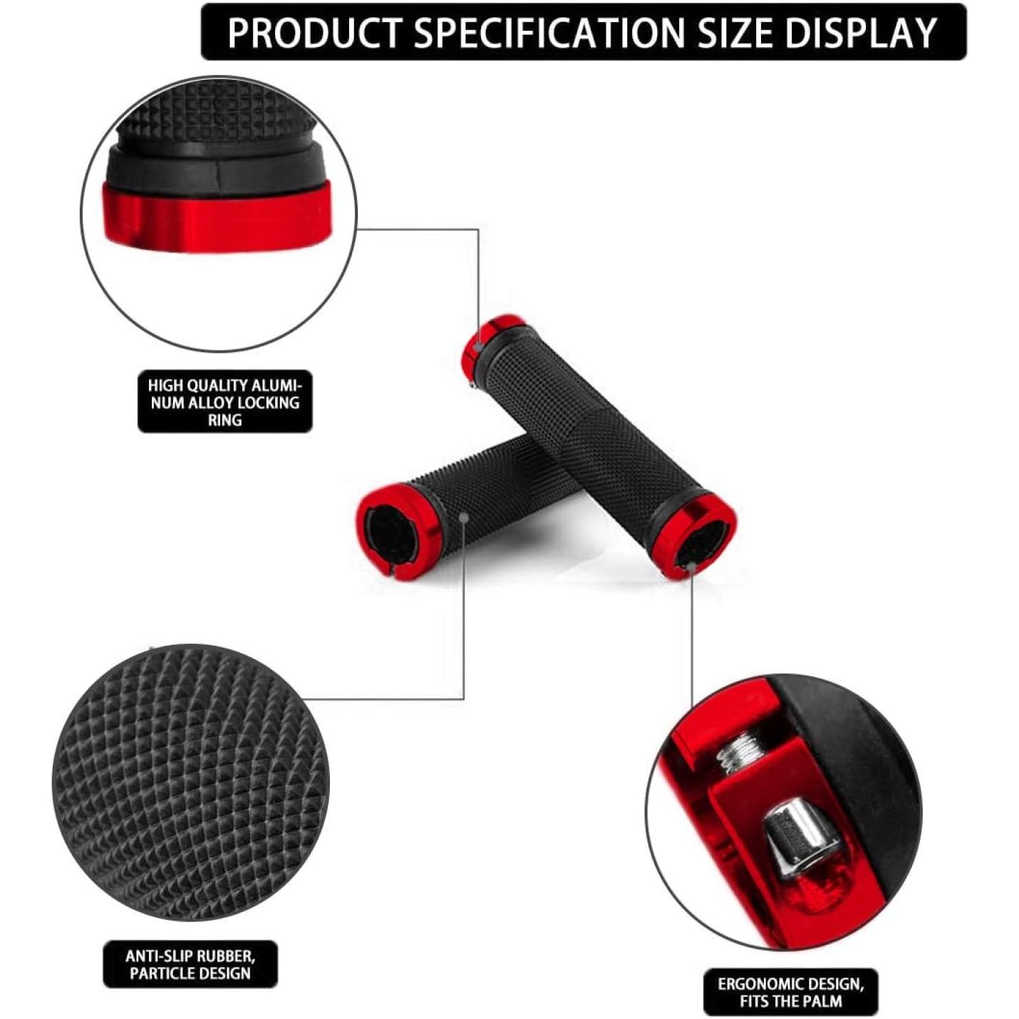 Fiets handvatten specificatiediagram dat de kenmerken van een paar fiets handvatten met hoogwaardige legering vergrendelingsringen, anti-slip rubber ontwerp en ergonomische comfort pasvorm laat zien.