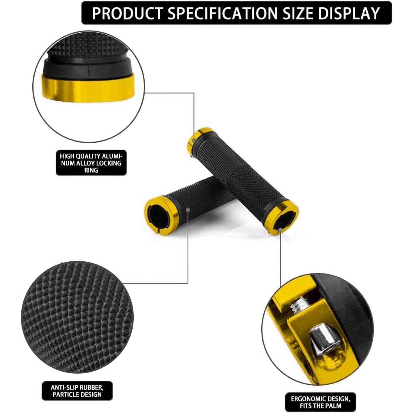 Fiets handvatten specificaties en maataanduiding met hoogwaardige aluminiumlegering vergrendelingsring, antislip rubberdeeltjes ontwerp en ergonomisch comfort.