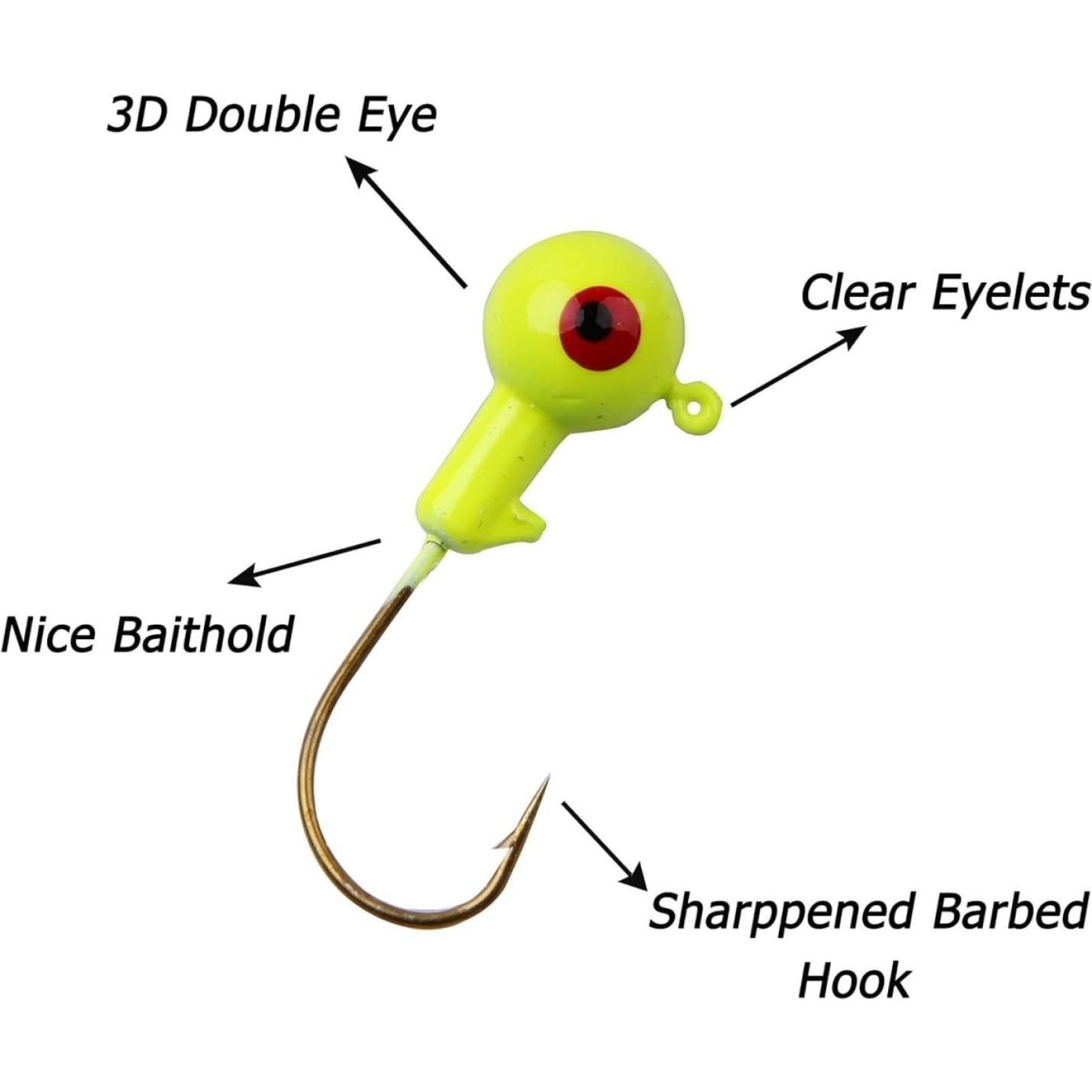 Illustratie van een Vang de grootste vis met onze topkwaliteit jigkoppenset met een 3D dubbel oog, heldere oogjes, een mooie aashouder en geslepen koolstafstaal haken.