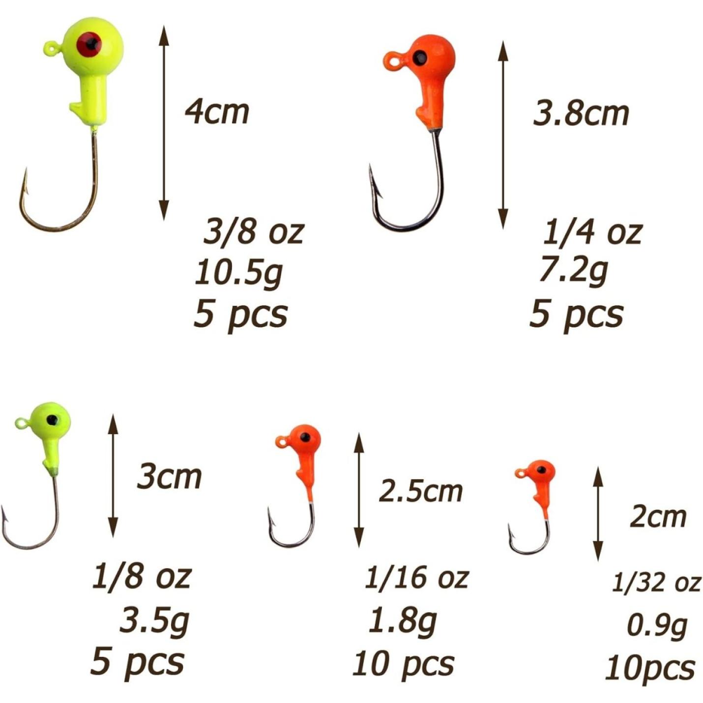 Afbeelding met zes verschillende kleuren Vang de grootste vis met onze topkwaliteit jigkoppenset met specificaties inclusief lengte, gewicht en aantal, gerangschikt in twee kolommen en drie rijen.