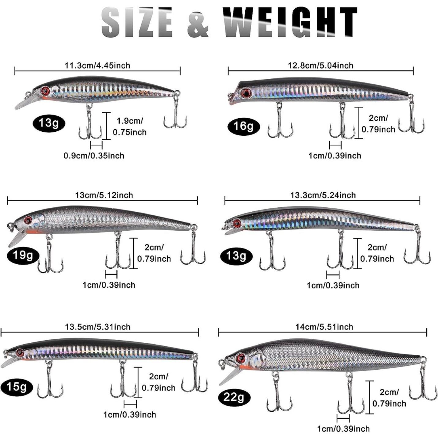 Illustratie van acht Vang meer vissen met dit levensechte kunstaas voor vissen met details over grootte en gewicht in zowel metrische als imperiale eenheden, gelabeld met variërende gewichten van 11 gram tot 22 gram, met visschubbenlaser-holografie.