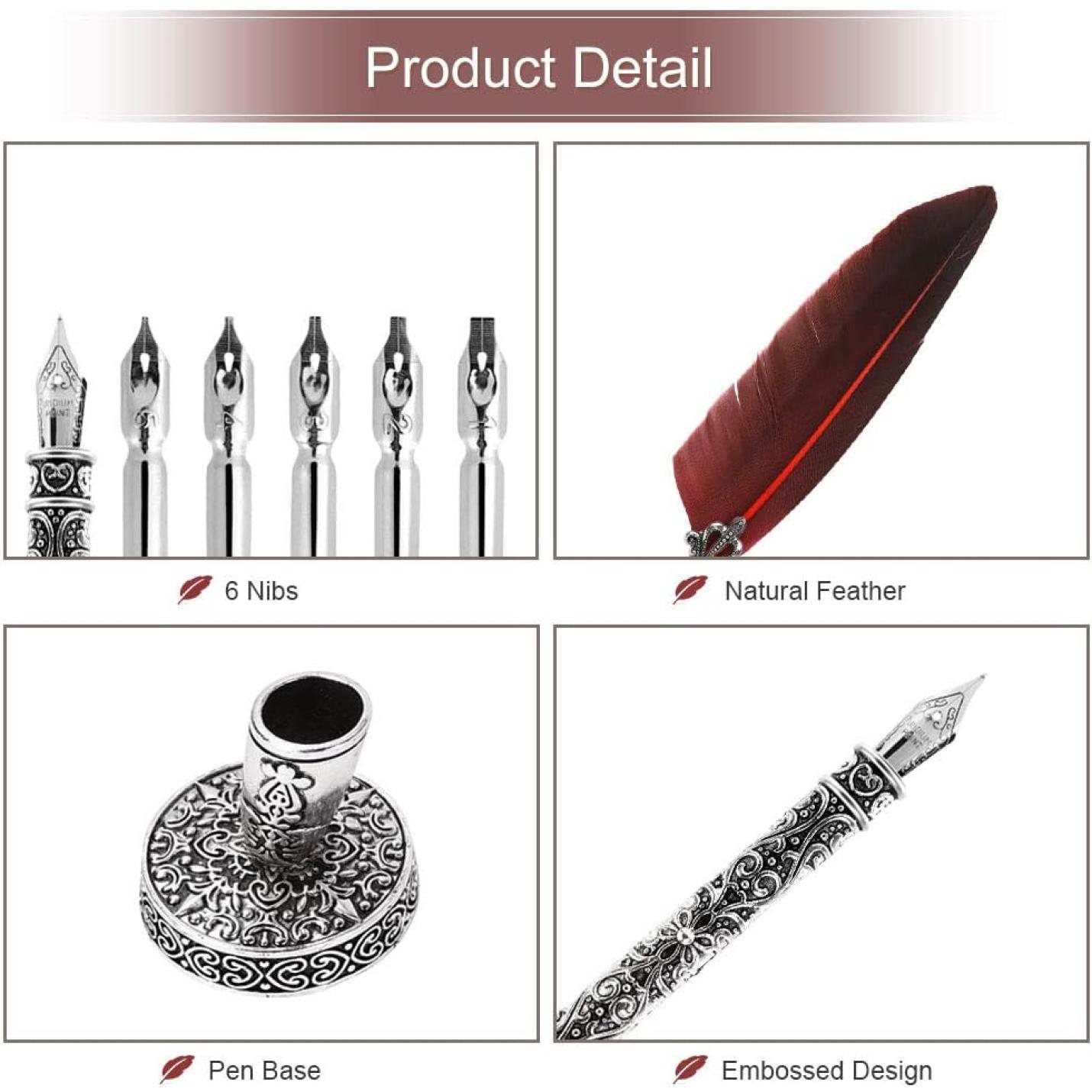 Kalligrafieset inclusief zes penpunten, een veer van natuurlijke veren, de set Verleid uw pen tot meesterwerken: Ontdek de kalligrafie veerpen en een gedetailleerd penontwerp met reliëf.