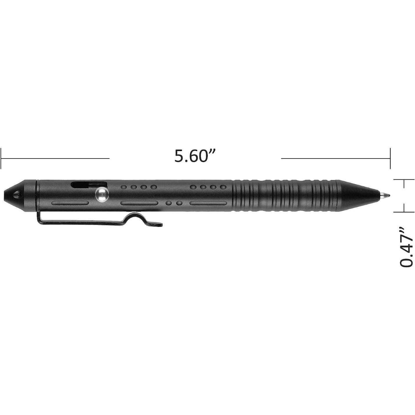 Verleidelijke bolt action pen met afmetingen: lengte 5,60 inch en diameter 0,47 inch.