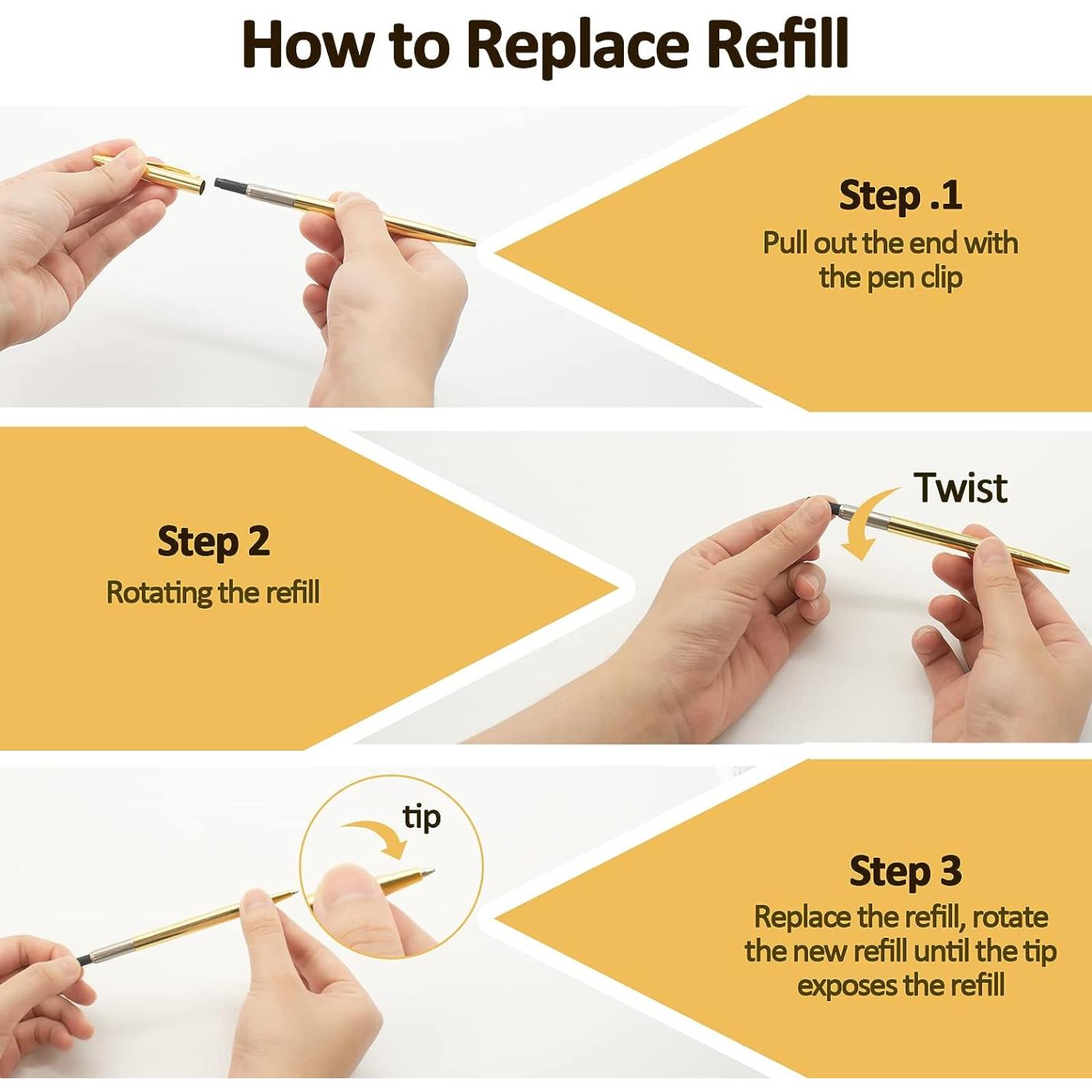 Instructies voor het vervangen van een reservevulling in een Verleidelijke gouden balpenset zorgen voor een onvergetelijke schrijfervaring in drie stappen: het uiteinde eruit trekken, de reservevulling draaien.