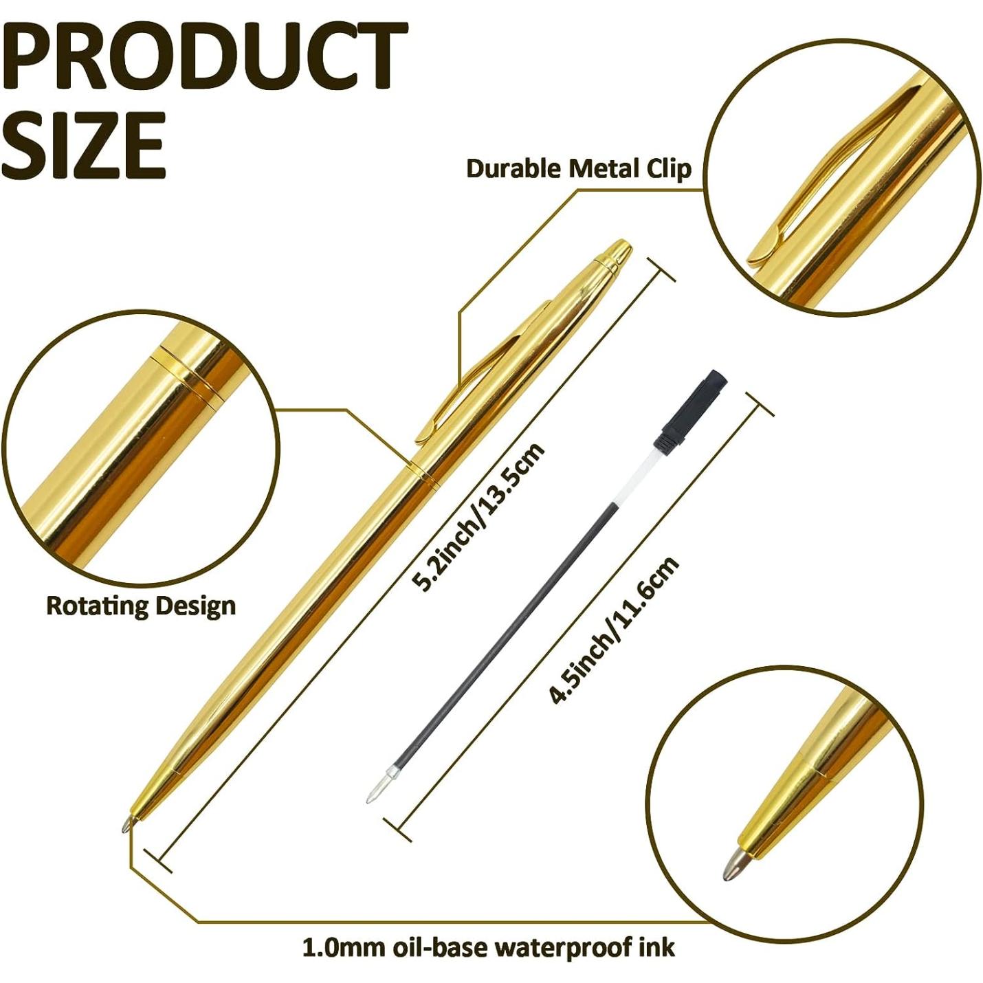 Exploded view van een Verleidelijke gouden balpenset met de componenten, afmetingen en kenmerken ervan, waaronder een duurzame metalen clip en een roterend ontwerp met 1,0 mm waterdichte inkt op oliebasis voor een lux