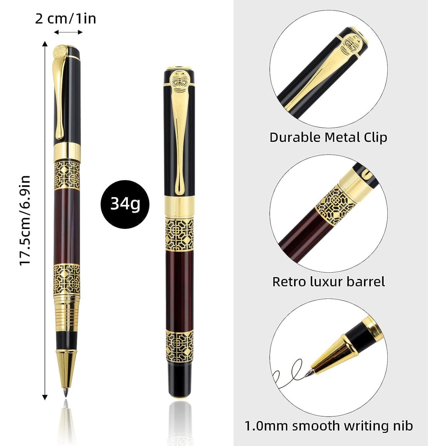 Elegante vulpen met een duurzame metalen clip, een Verleidelijk luxe balpenontwerp en een gladde schrijfpunt van 1,0 mm, met gespecificeerde afmetingen en gewicht.