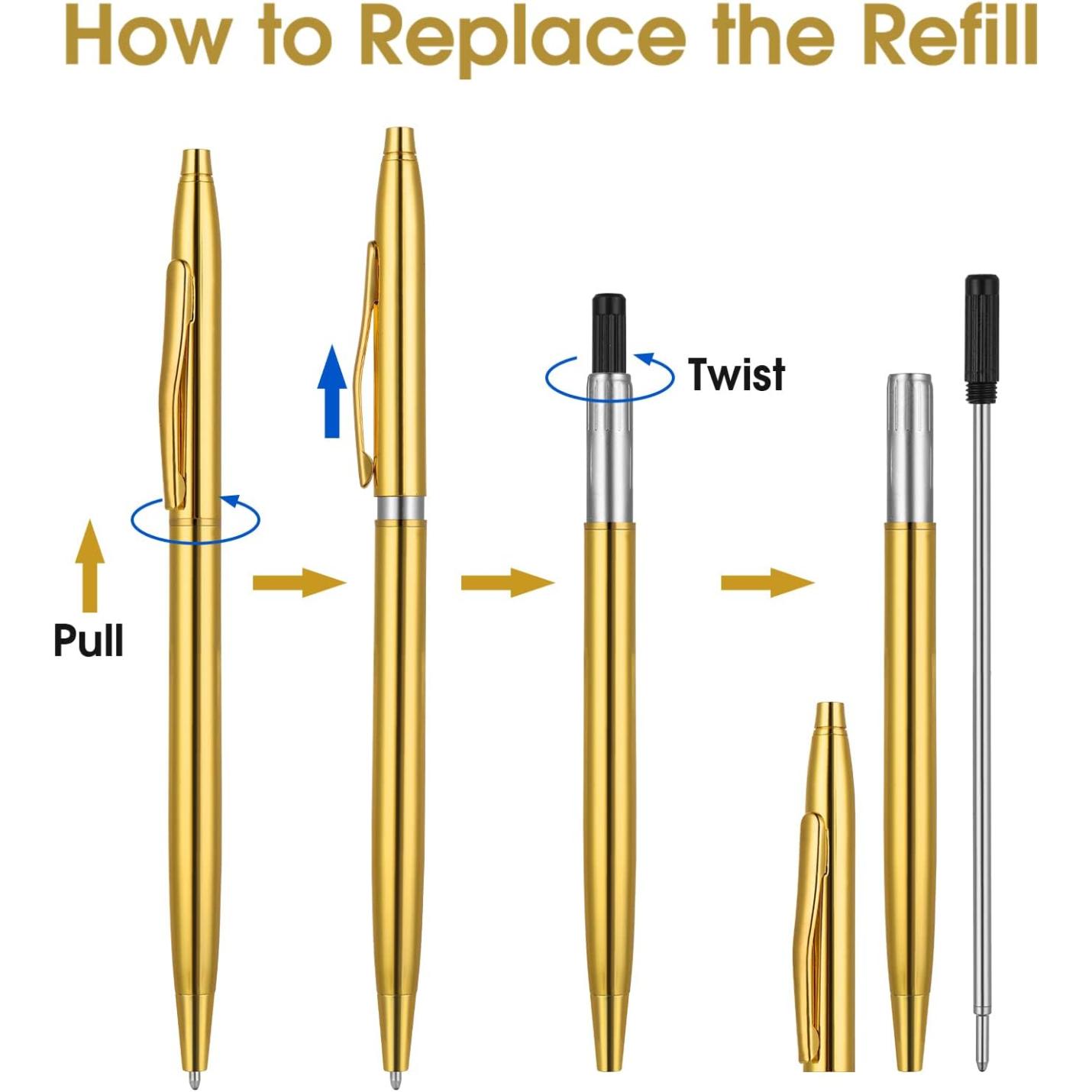 Beschrijving: Illustratie van de stappen om de vulling te vervangen van een Verleidelijke schrijfervaring: 3 metalen balpennen voor een praktische luxe voor een uitzonderlijk schrijfcomfort.