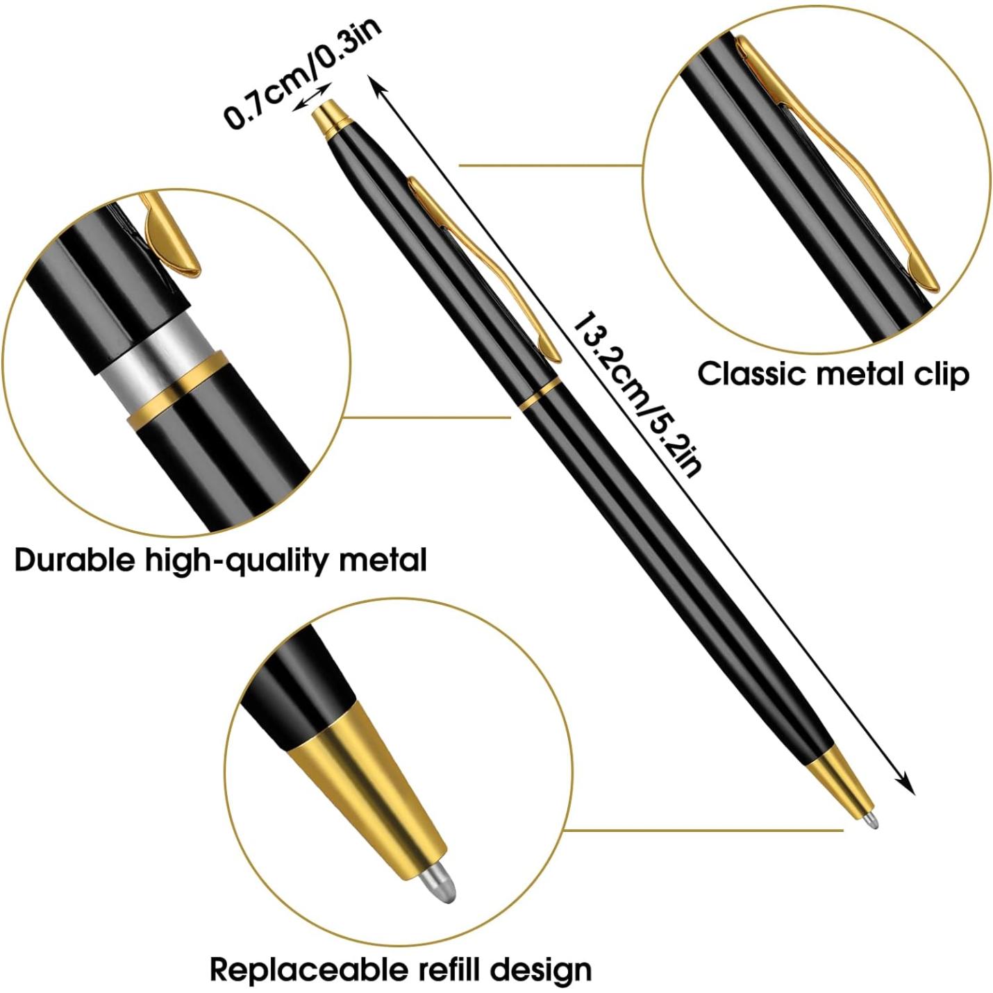 Exploded view van een Verleidelijke schrijfervaring met de nadruk op kenmerken: punt van 0,1 cm, klassieke metalen clip, lengte van 13,2 cm, duurzaam metaal van hoge kwaliteit en vervangbaar navulontwerp