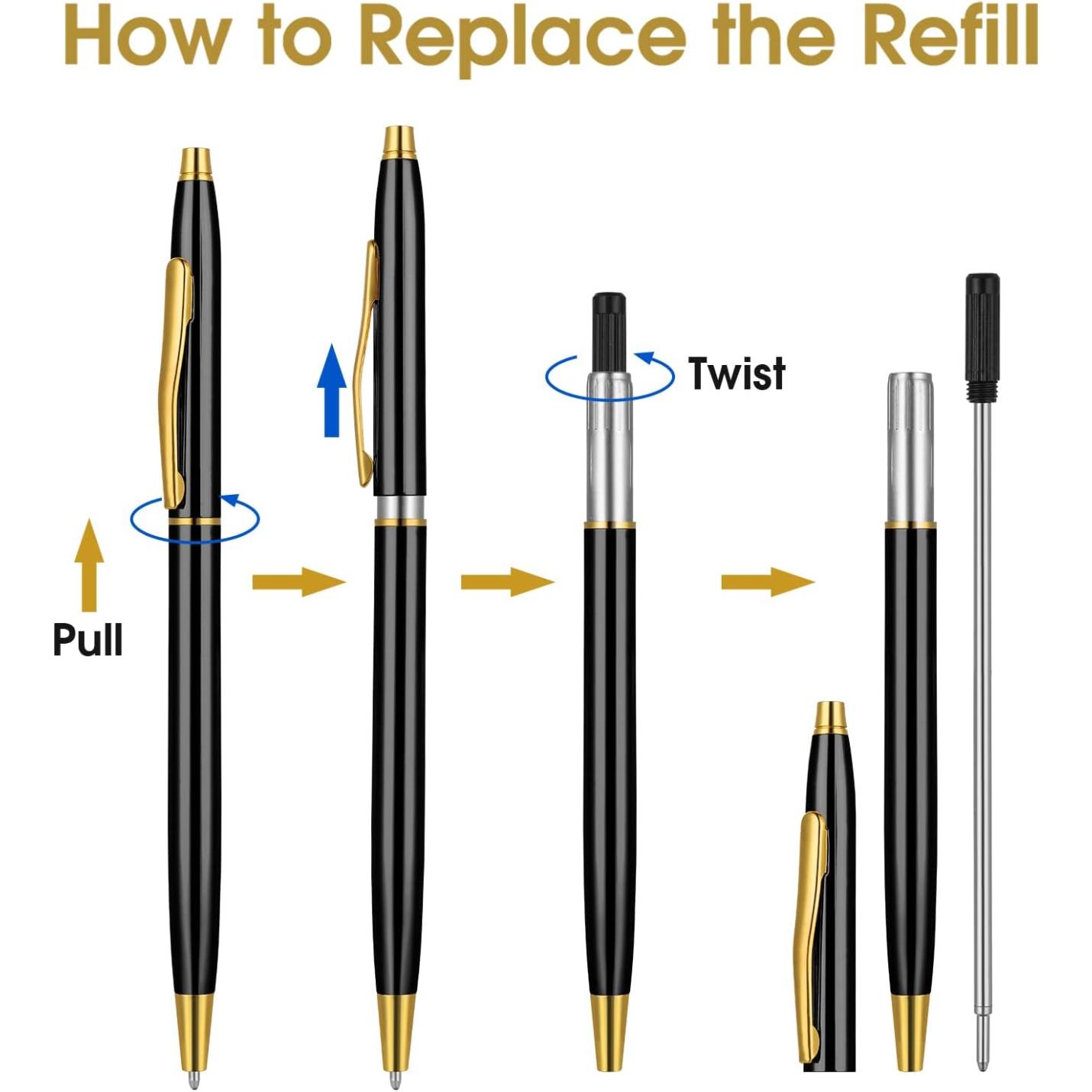 Stapsgewijze instructies voor het vervangen van de inktvulling in een Verleidelijke schrijfervaring: 3 metalen balpennen voor een praktische luxe balpen met draaimechanisme.