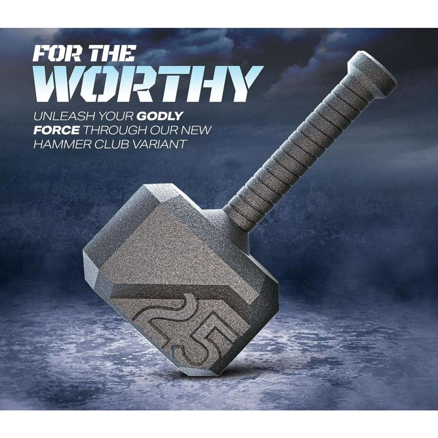 Versterk je hele lichaam met een Mjölnir kettlebell, ontworpen om eruit te zien als een mythisch wapen, met tekst die reclame maakt voor een nieuwe hamerclub genaamd "voor de waardigen".