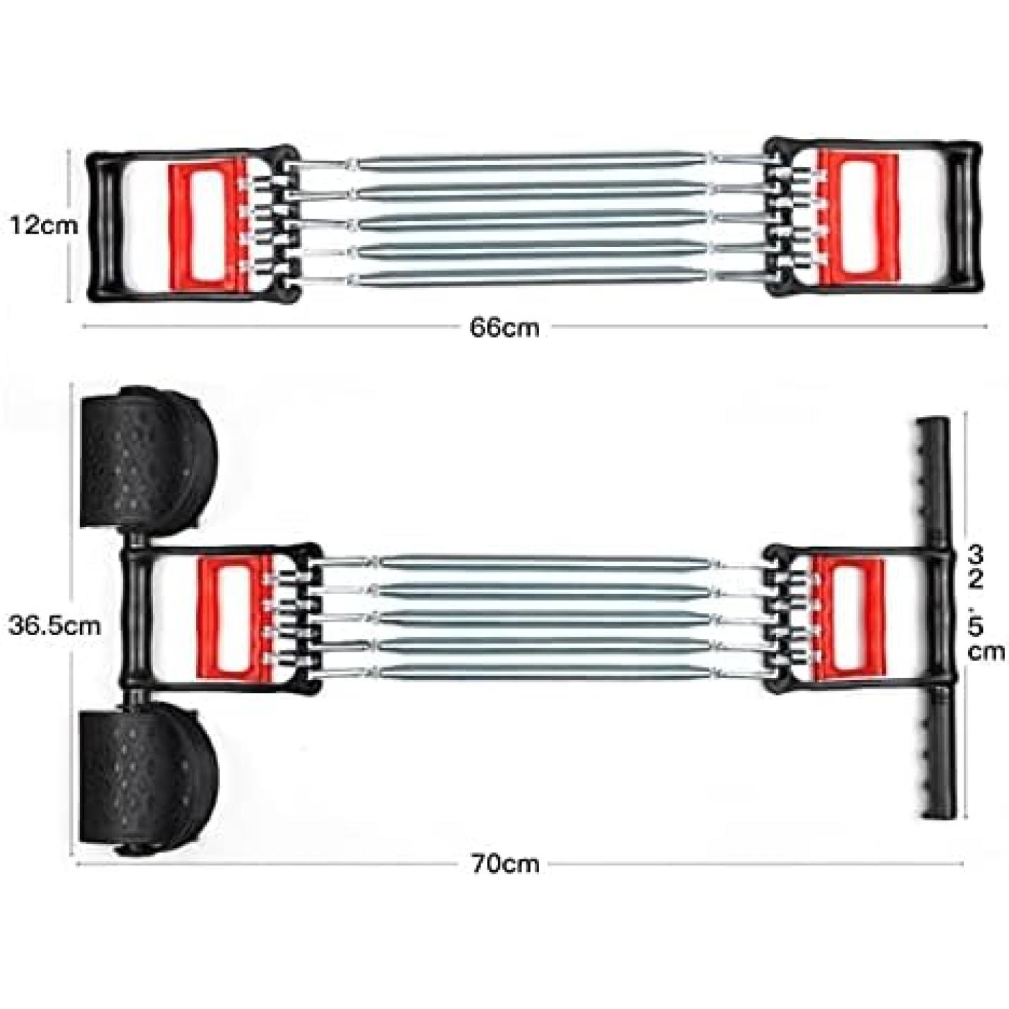 Technische illustratie met het boven- en zijaanzicht van een rood en zilver skelterframe met afmetingen, inclusief een Versterker je lichaam met de multifunctionele expander.