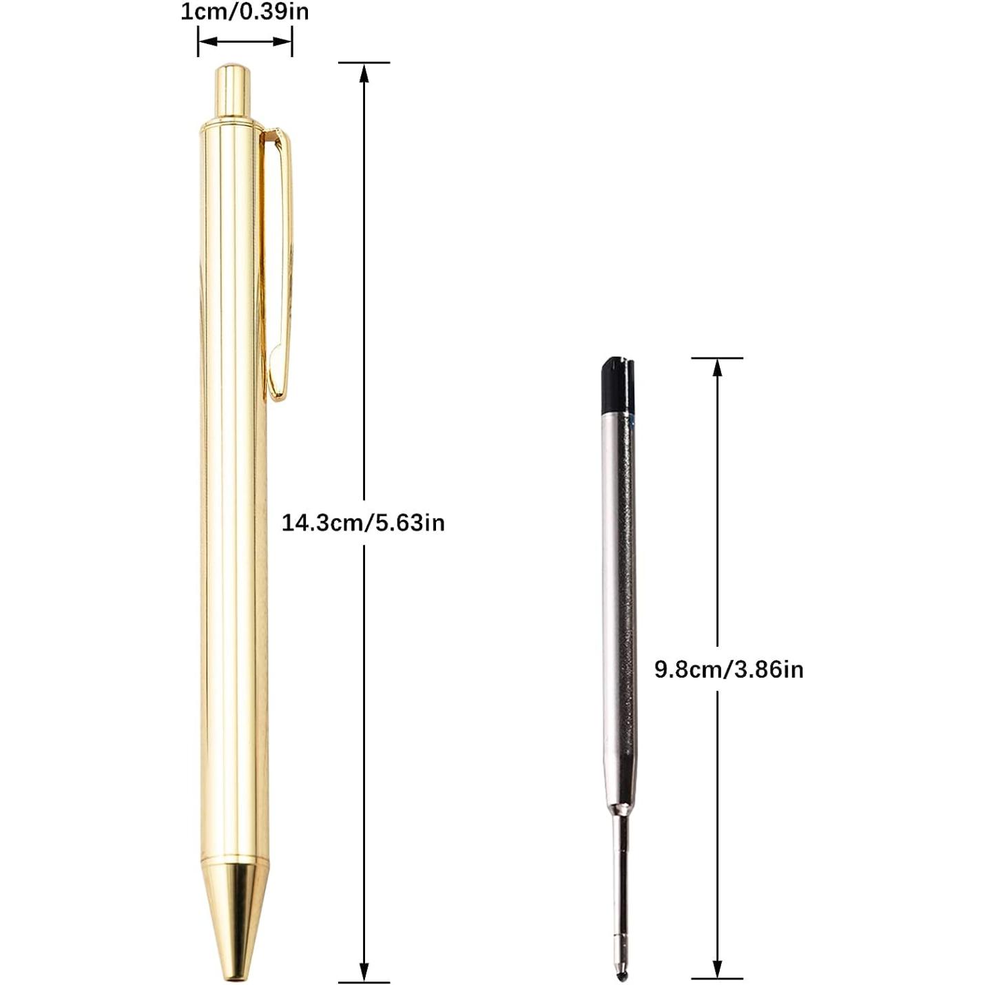 Twee pennen met afmetingen: een goudkleurige Vind de perfecte metalen balpen voor elke gelegenheid van 14,3 cm en een zwart-zilveren Vind de perfecte metalen balpen voor elke gelegenheid van 9,8 cm, beide gemaakt van hoogwaardige materialen.