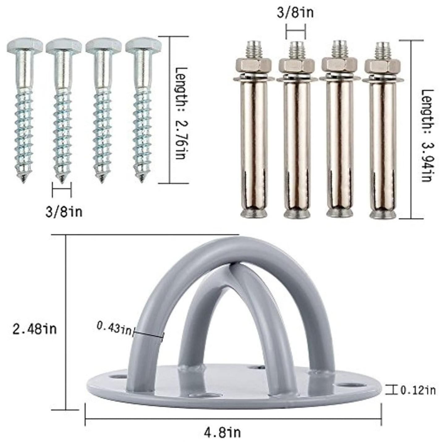 Een afbeelding met de afmetingen van schroeven en een metalen houder voor de Wand plafondhouder voor olympische ringen: Professionele training in je eigen homegym. Het bevat zes schroeven van verschillende lengtes en een U-vormige houder waarvan de afmetingen zijn aangegeven.