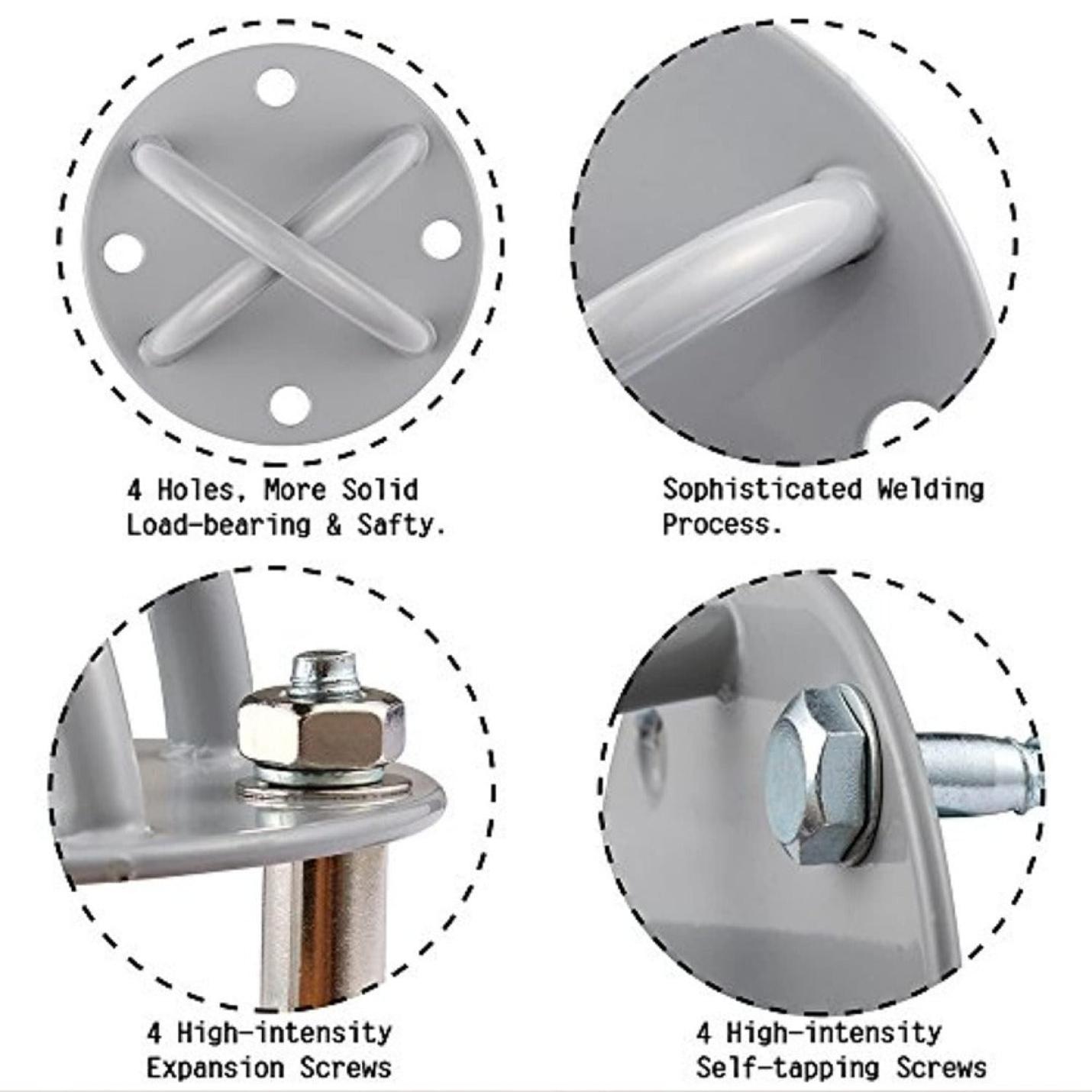Vier close-upafbeeldingen die details van een metalen plankconstructie tonen: dragende zachte expansieschroeven, verfijnd laswerk, zelftappende schroeven met hoge intensiteit en boutverbindingen voor de Wand plafondhouder voor olympische ringen: Professionele training in je eigen homegym.