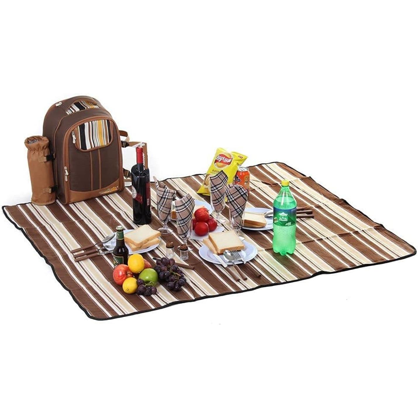 Waterdichte Picknickrugzak Voor 4 Personen Met Bestek, Koelvak, Afneembare Fles/Wijnhouder, Fleece Deken, Platen Voor Picknicktijd (Grijs) - happygetfit.com