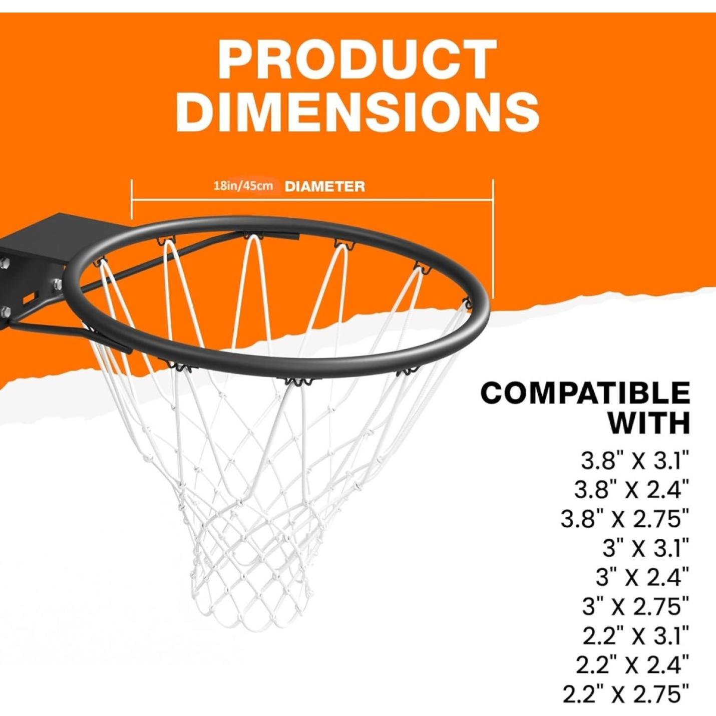 Basketbalring met net in NBA-stijl met productafmetingen en compatibiliteitsmaten.
Productnaam: Woord de volgende Michael Jordan met onze basketbal professionelering!