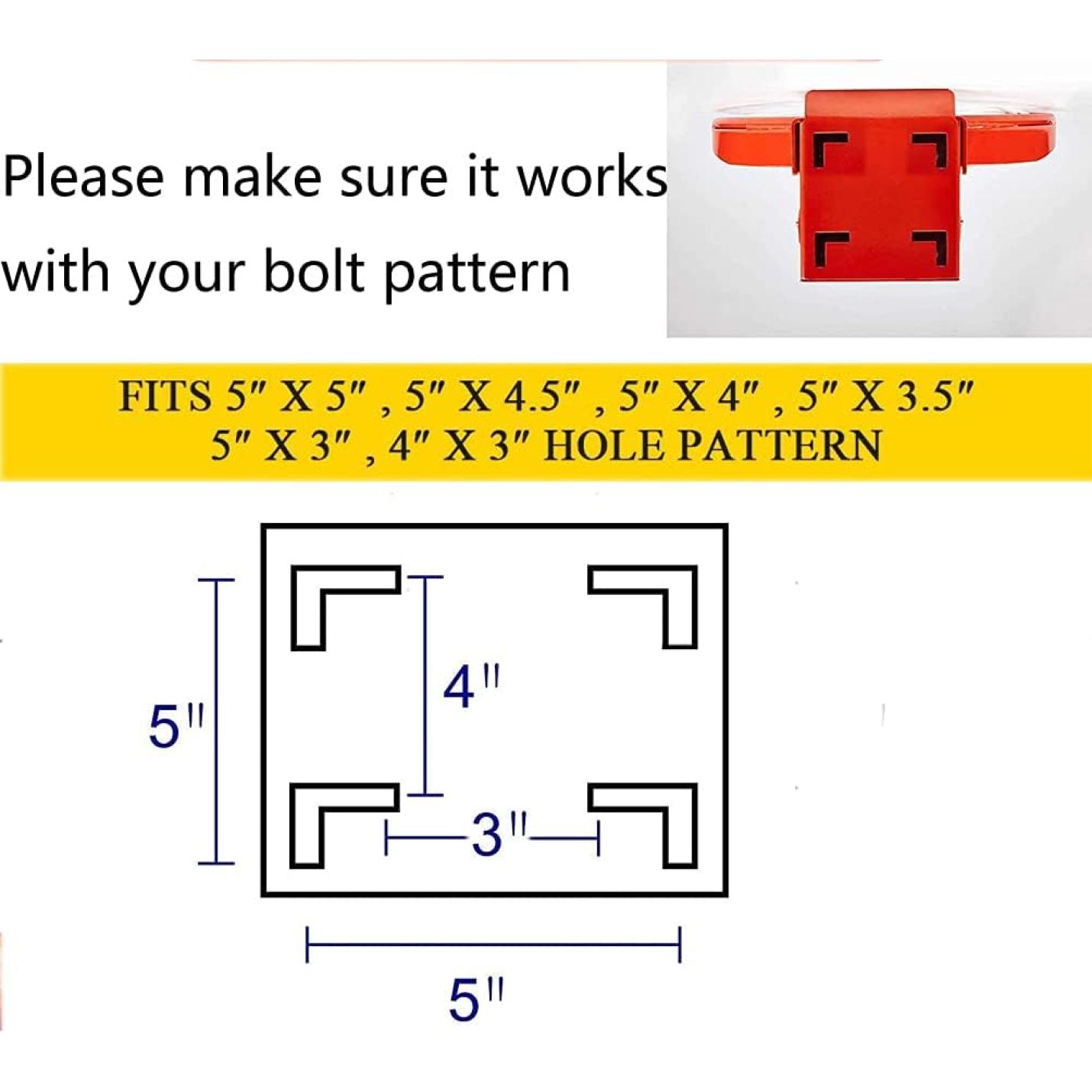 Technische illustratie die de compatibiliteit van een 5” x 5”, 4” x 5” en 5” x 3.5” boutpatroon laat zien voor een Word een echte basketbalkampioen met onze professionele basketbalring!, waarbij duurzaam materiaal wordt benadrukt