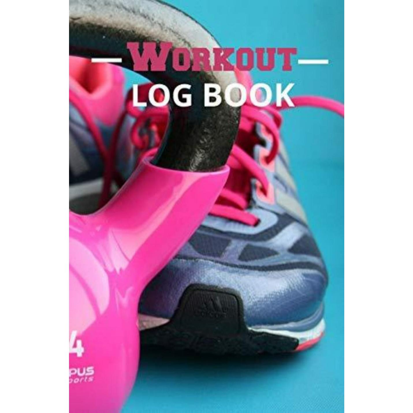 Een paar sportschoenen en een roze halter op een blauw oppervlak, met bovenaan de tekst "Workout Log Book: Weights and Exercise Routine - Kettlebell".