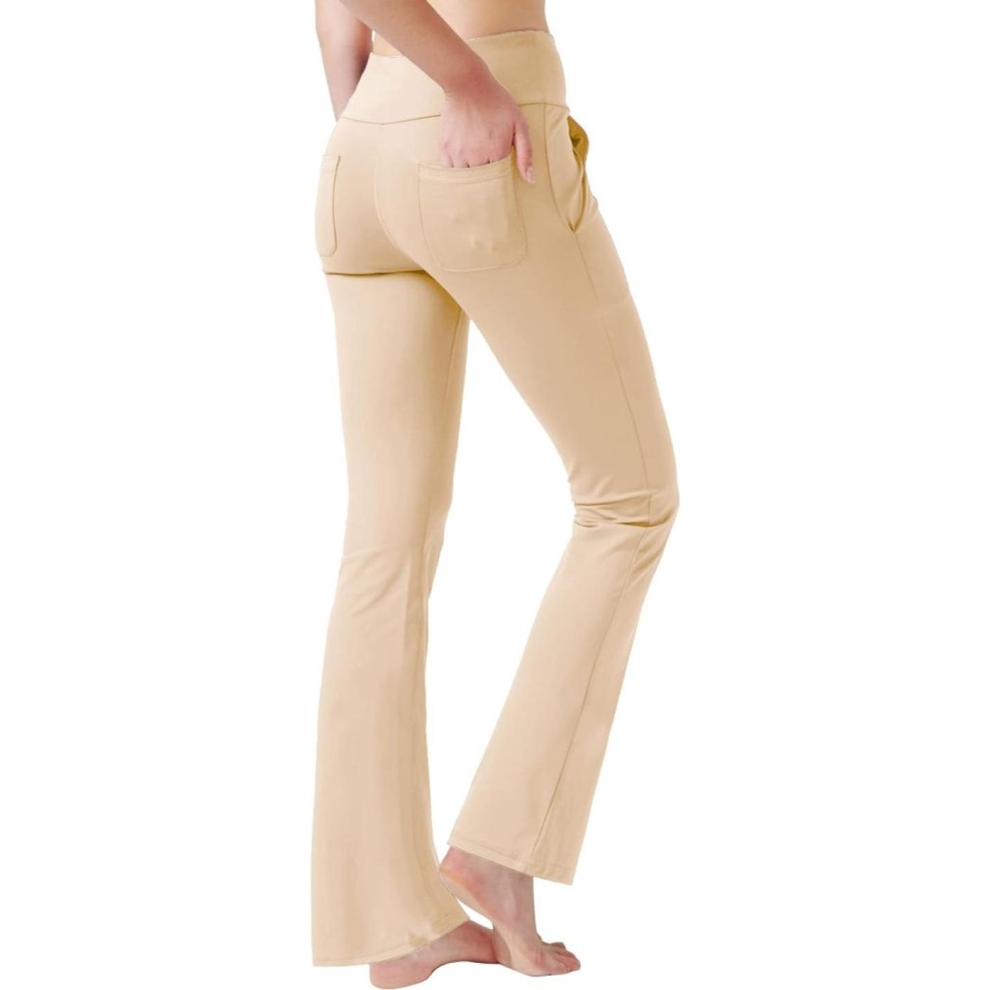 Yoga Broek voor Vrouwen Tummy Control Workout Bootleg Broek Hoge Taille 4 Way Stretch Broek met Binnenzakken, Lichtbruin, - happygetfit.com