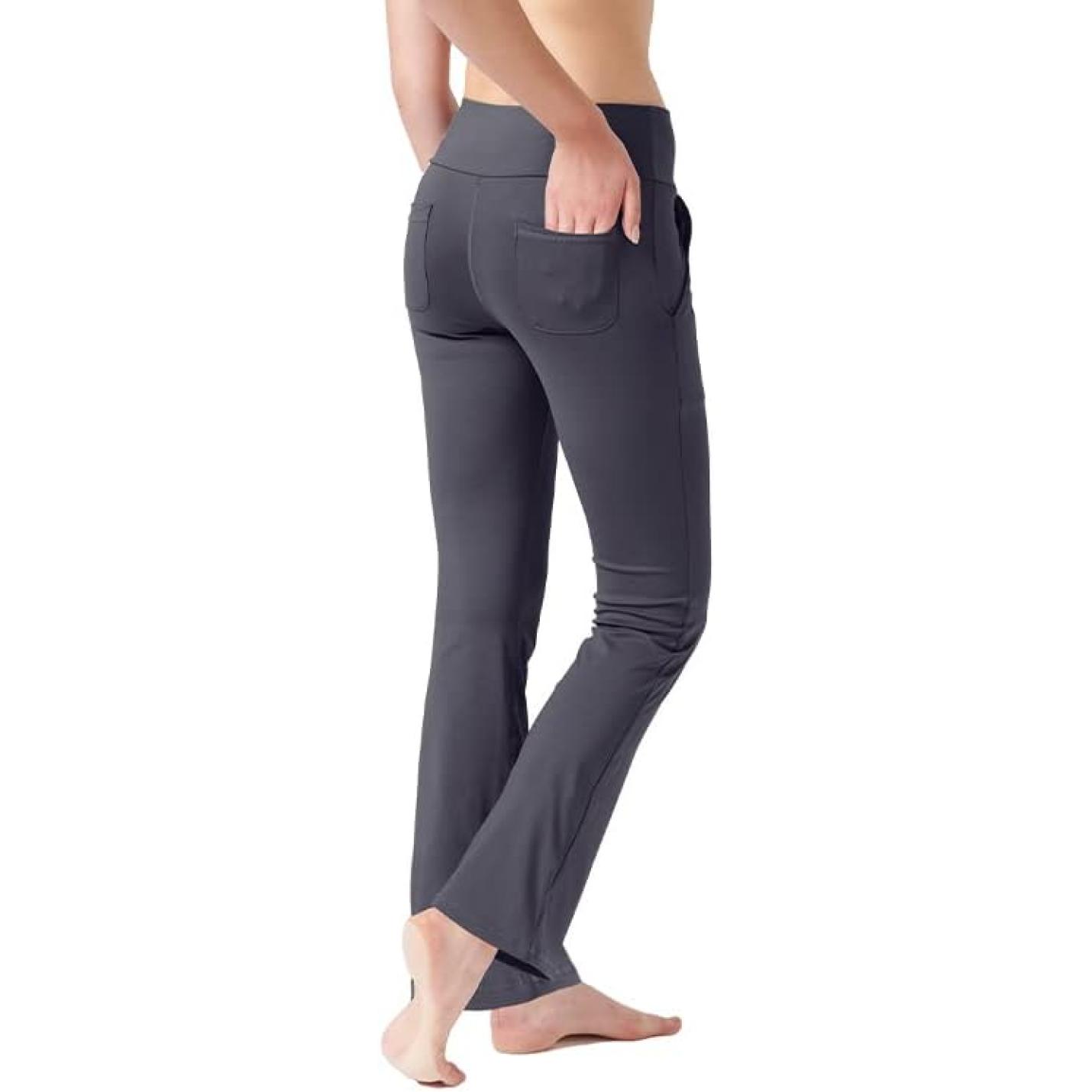 Yoga Broek voor Vrouwen Tummy Control Workout Bootleg Broek Hoge Taille 4 Way Stretch Broek met Binnenzakken, Lichtbruin, - happygetfit.com