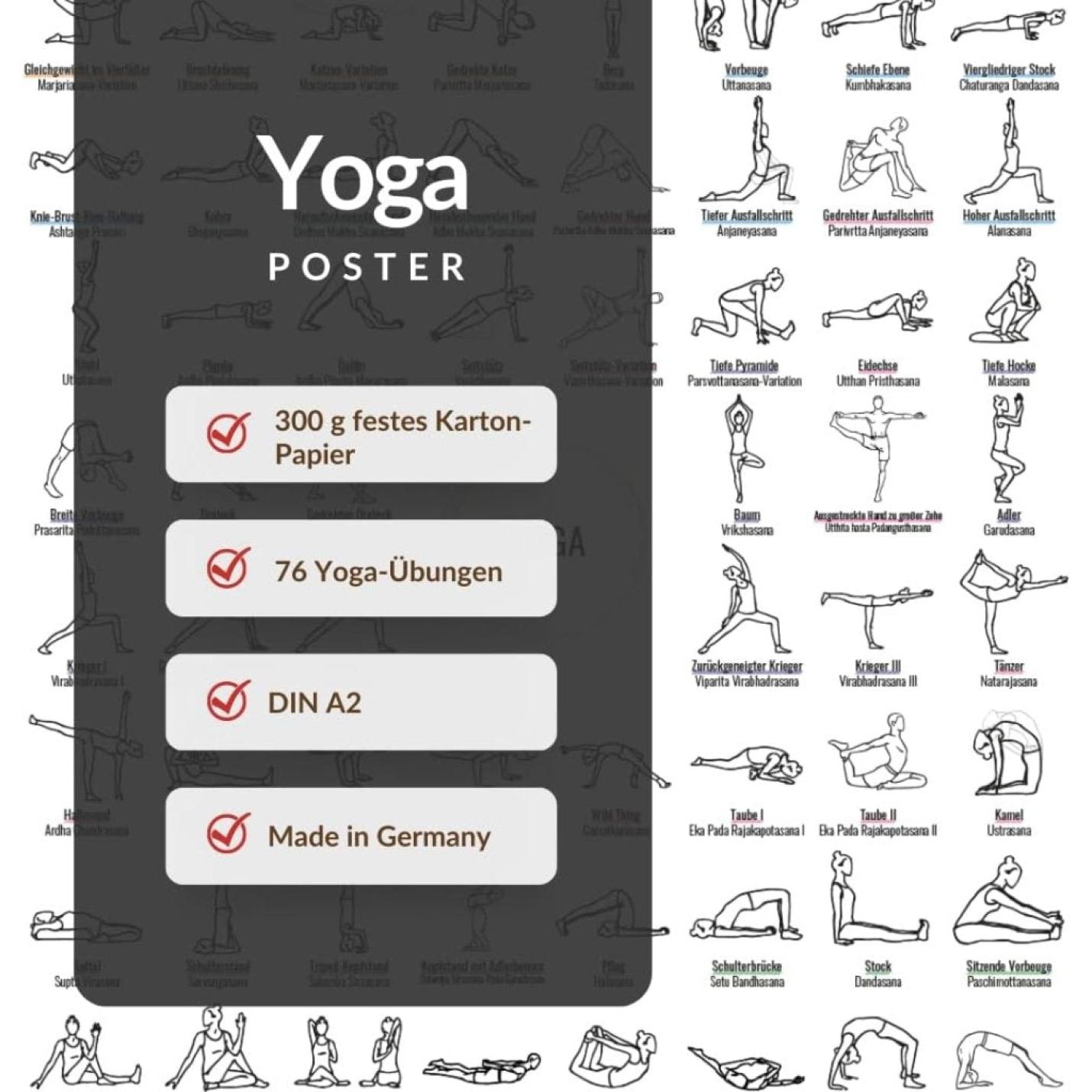 Yoga poster A2, met 76 yoga-oefeningen, asana's - happygetfit.com