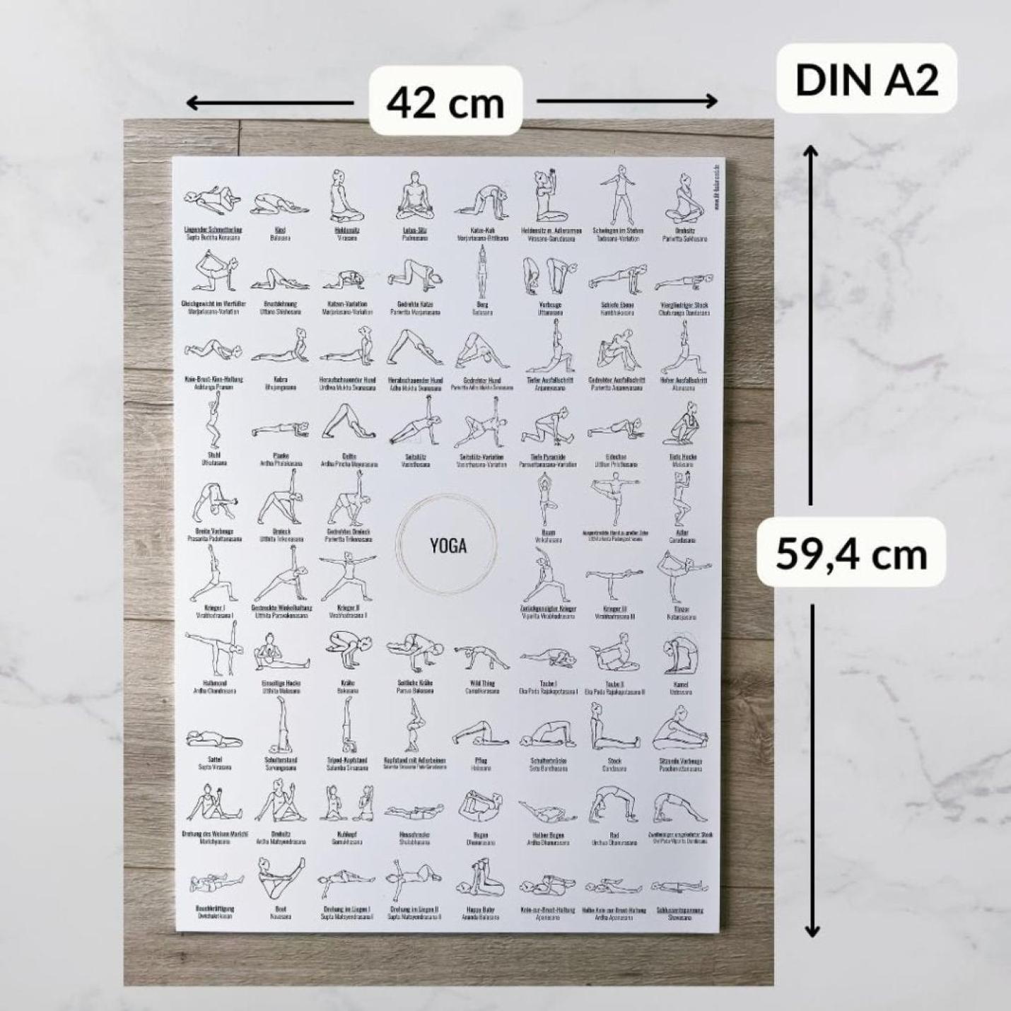 Yoga poster A2, met 76 yoga-oefeningen, asana's - happygetfit.com