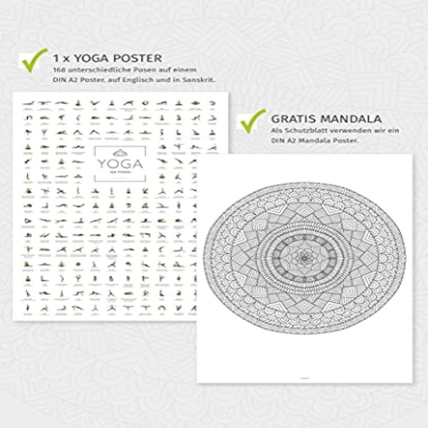 Twee yogaposters: één met 168 verschillende yogahoudingen en een andere met een mandala-ontwerp, op de markt gebracht met de nadruk op Engels taalgebruik.