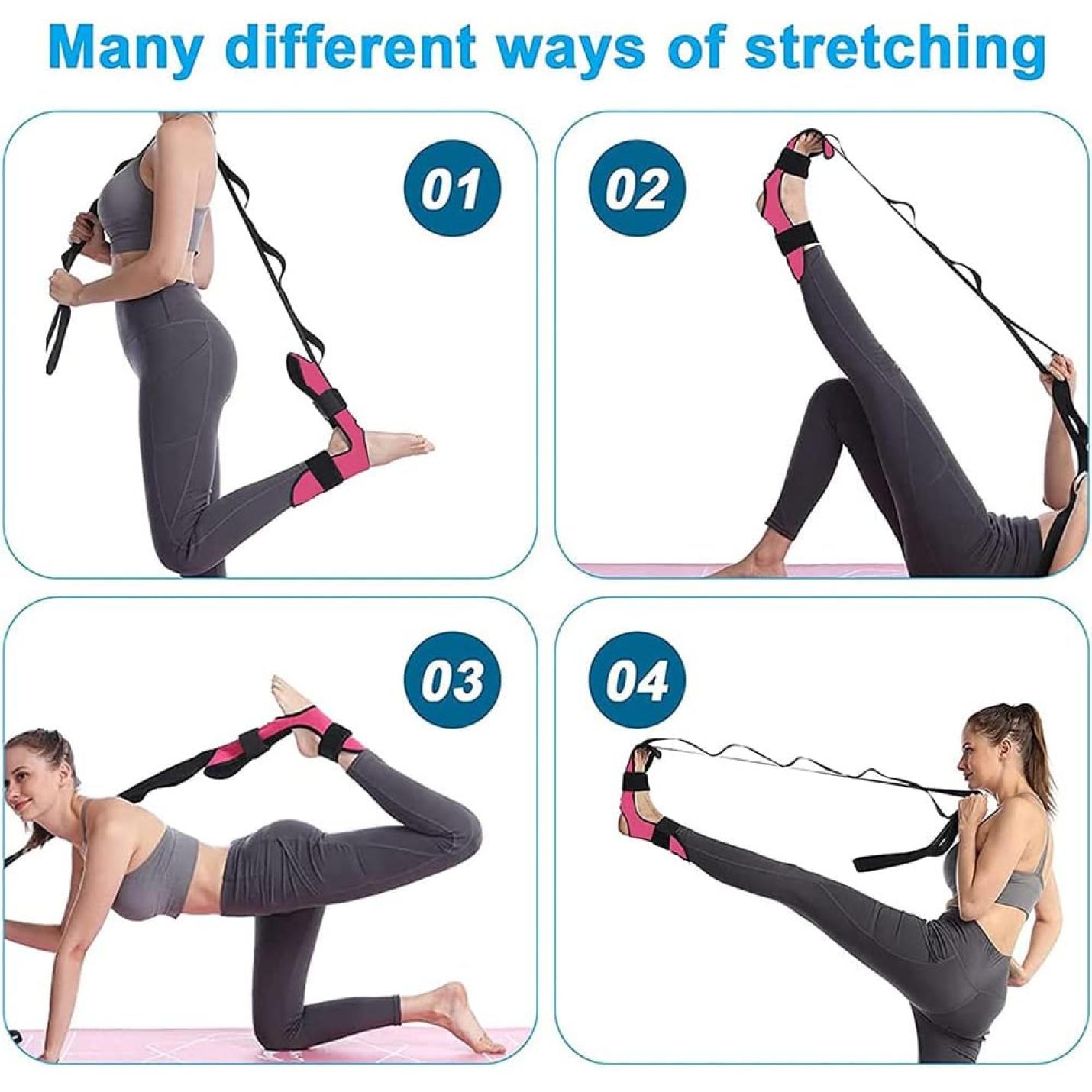 Yoga stretching riem, fitness beenstretcher, enkelband stretcher riem, flex riem stretching, been stretcher band voor plantaire fasciitis, hamstring stretcher, kuitpijn verlichting - happygetfit.com