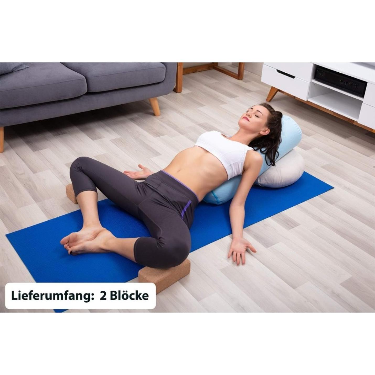 Yogablok set van 2 kurk 100% natuurlijk - ook voor beginners Meditatie & Pilates, fitnessaccessoires hulpmiddelen voor regeneratie, rug, twee blokken stuk 75 mm - happygetfit.com