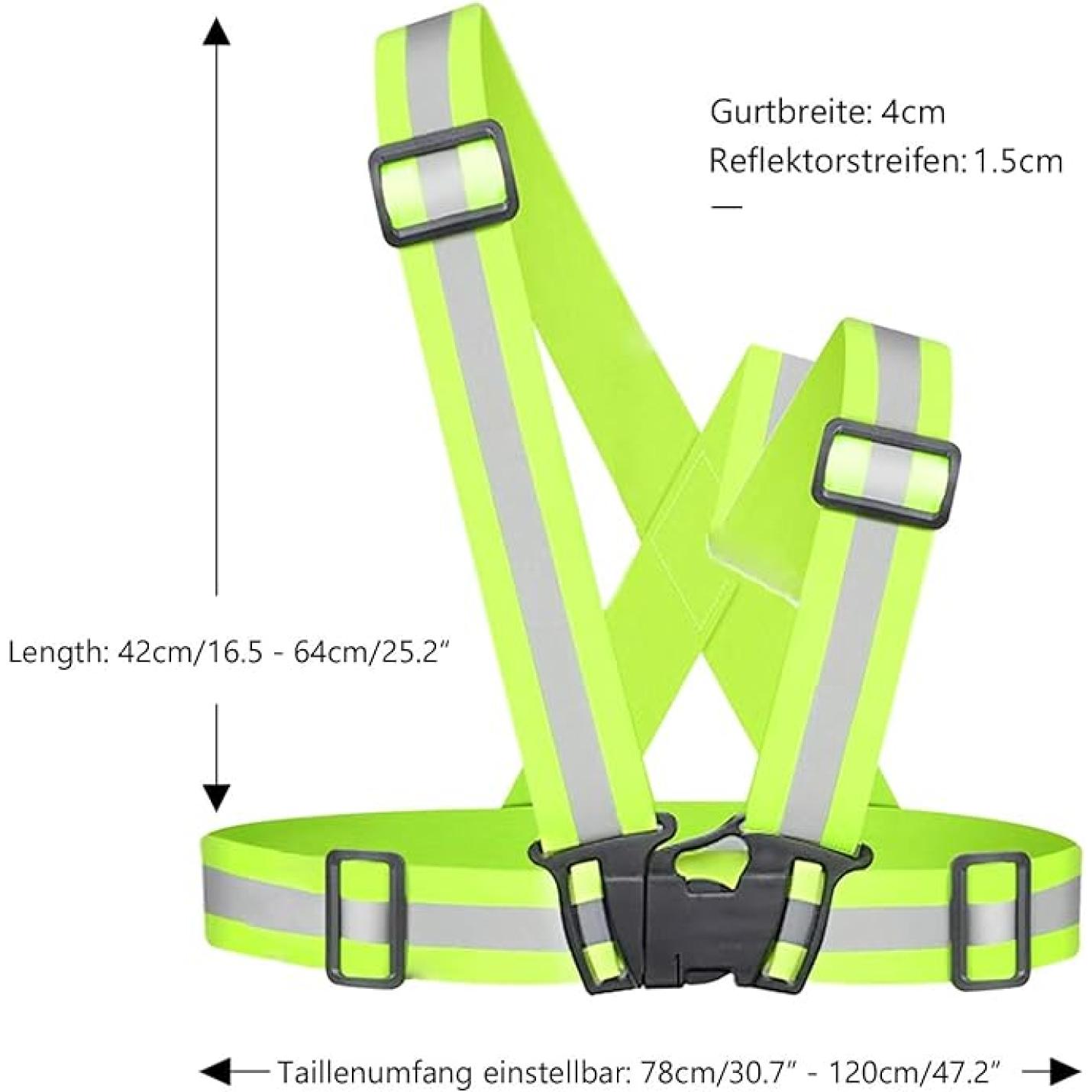 Reflecterend vest voor veiligheid in het donker met lime groene hoge zichtbaarheid, reflecterende strepen, verstelbare gespen en afmetingen vermeld in het Duits.