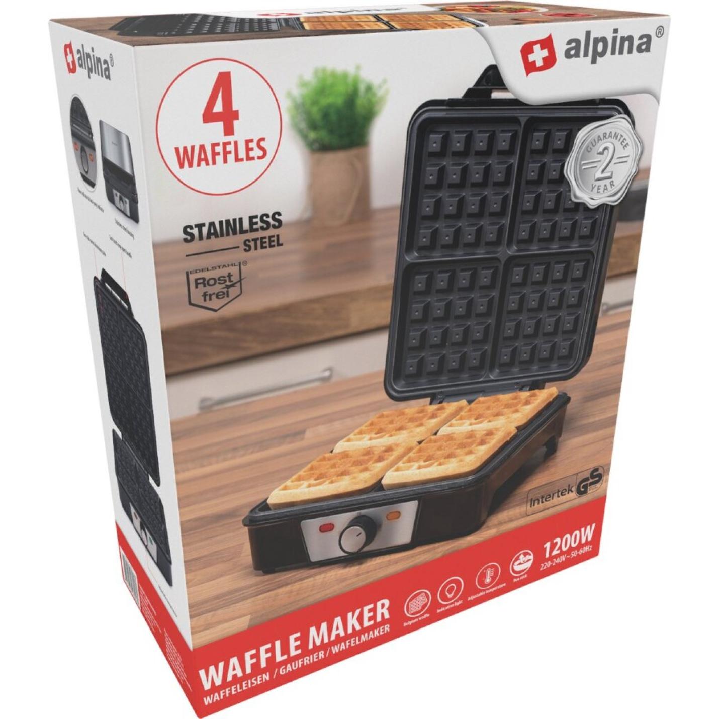 Alpina Wafelijzer Brusselse Wafels Antiaanbaklaag 4 Wafels 1200W