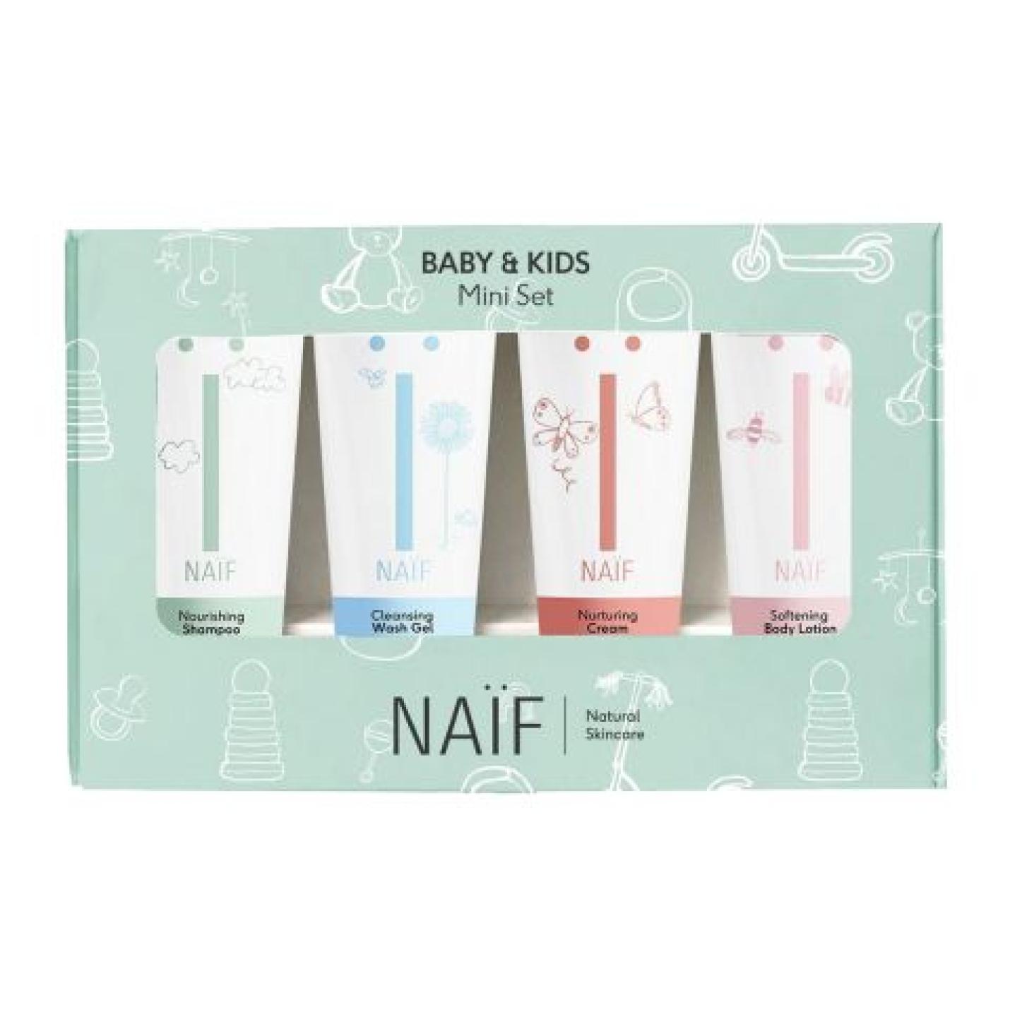 Naïf mini set groen doosje met open venster voor bevat 4 tubes namelijk shampoo, wasgel, bodylotion en Cream