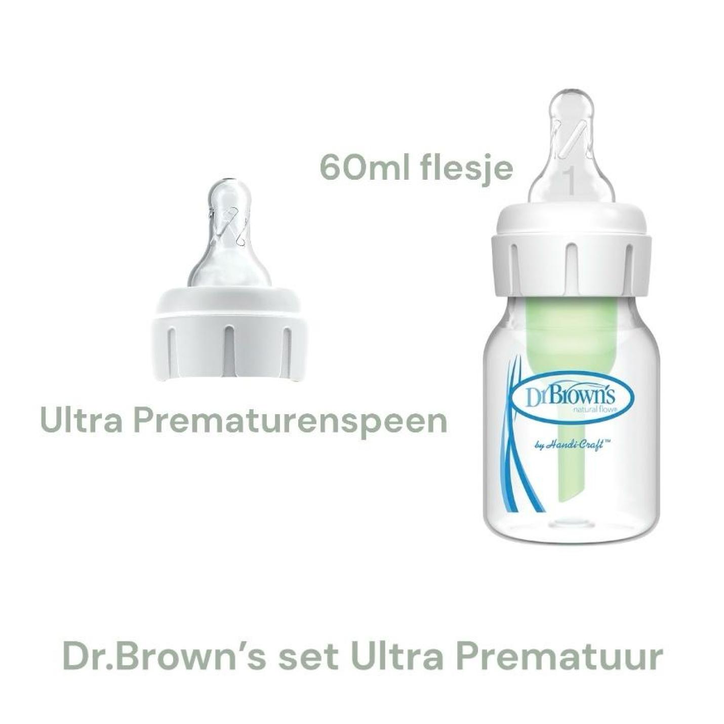 Dr.Brown's set ultra prematuur is een baby fles van 60ml en een flespeen ultra prematuur