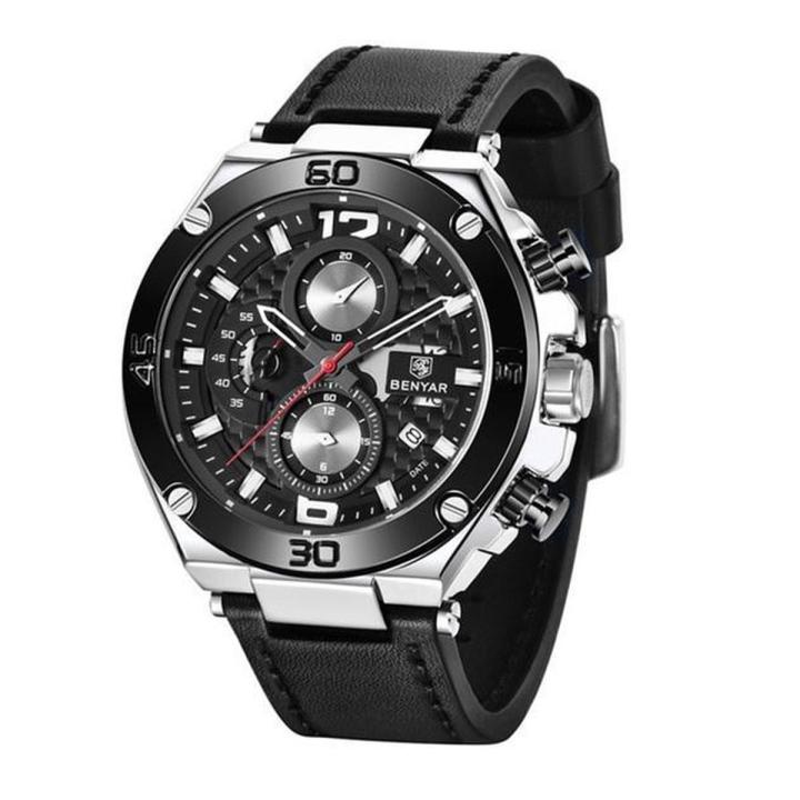 Herenhorloge - Chronograaf - Leren Band - Black