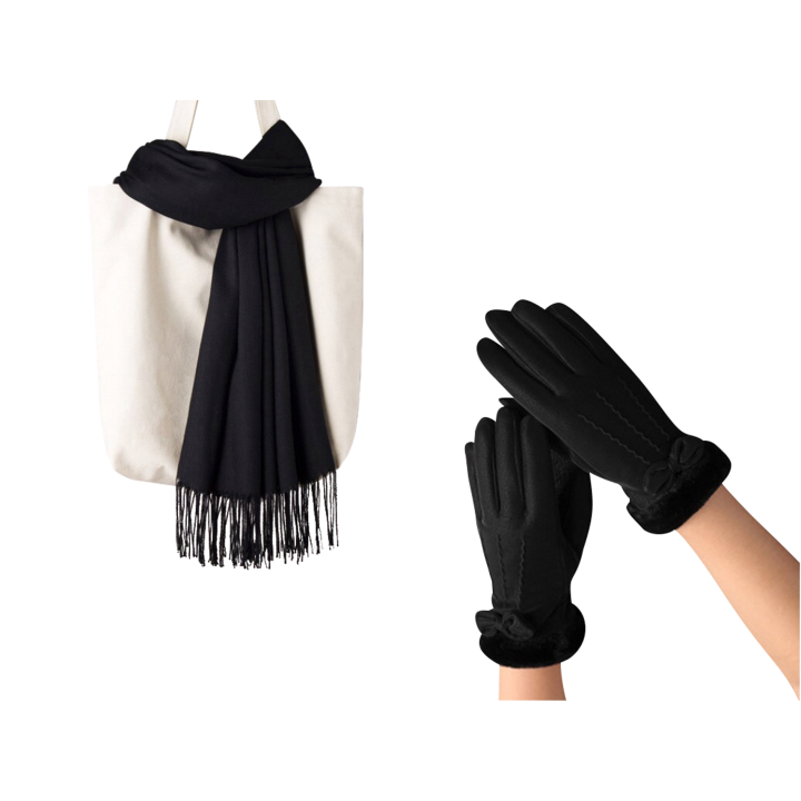 Winterset zwart - Zwarte Sjaal 200*70cm + Zwarte handschoen maat M